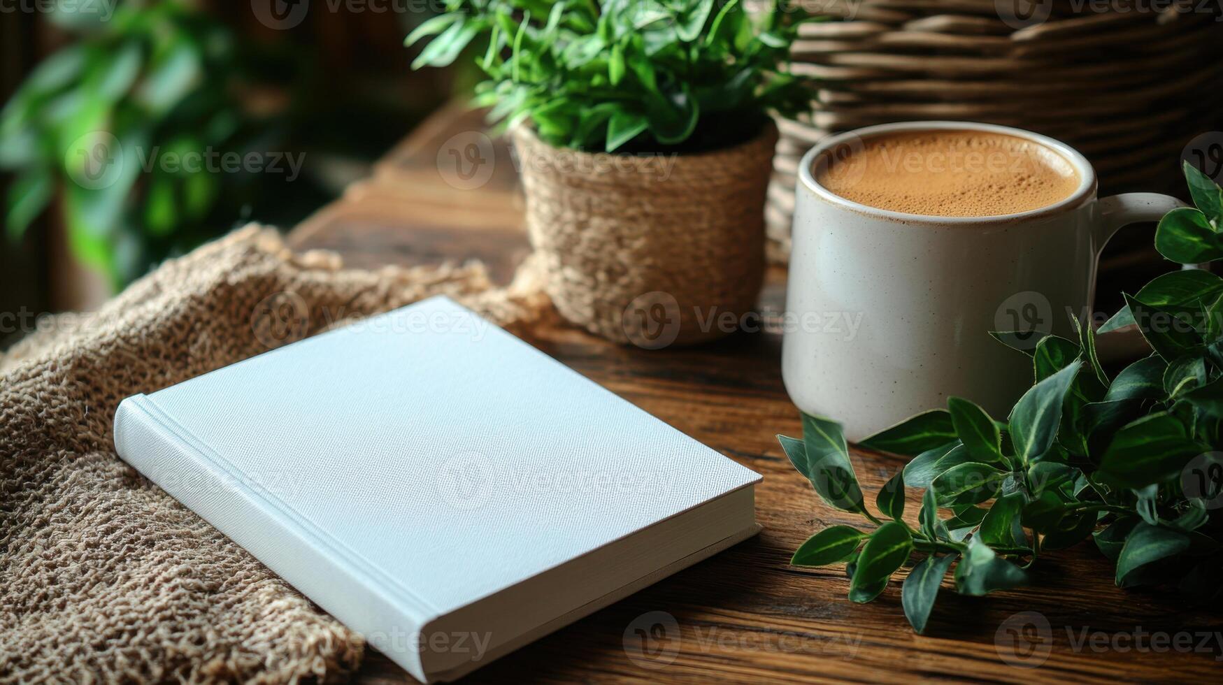 Cozy coffee nook with a book and plants on a wooden table for peaceful moments of relaxation photo