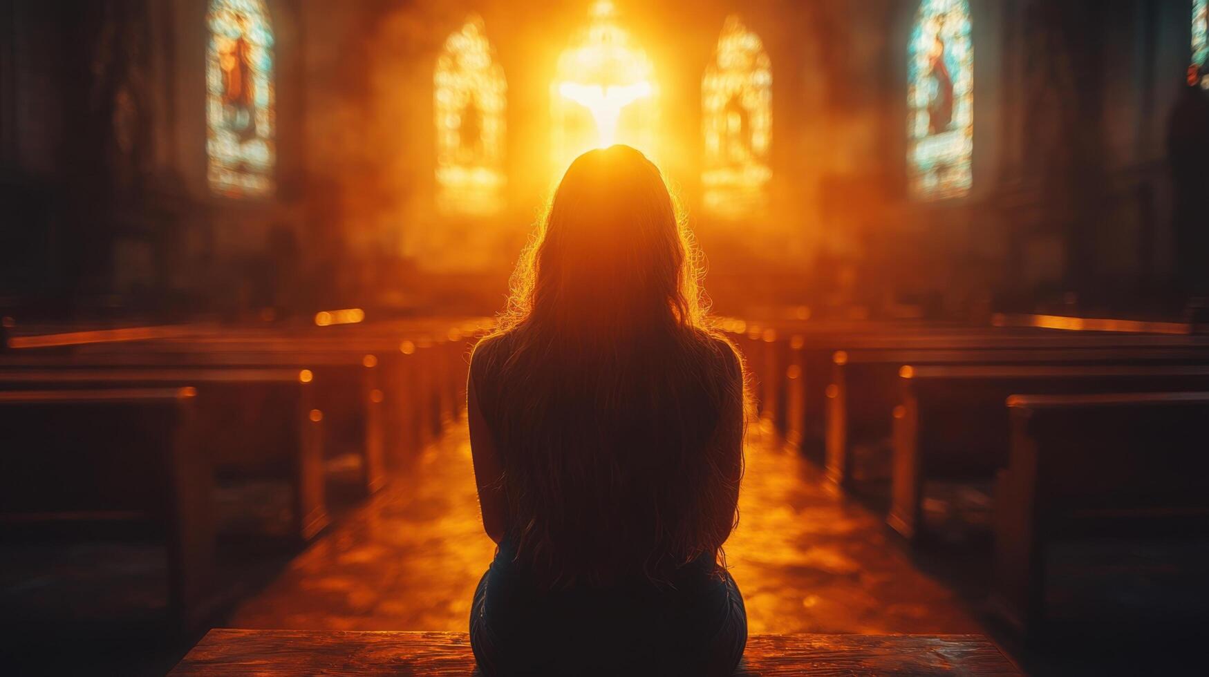 Silhouette of a woman sitting in quiet reflection inside an old church at sunset photo