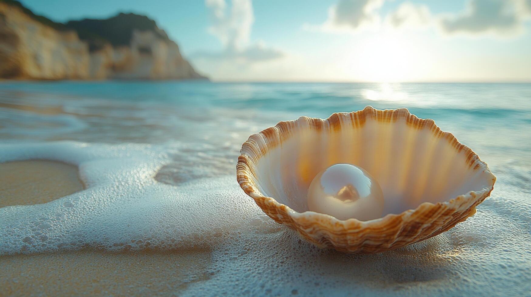 Shell with pearl rests on sandy beach as waves gently roll in at sunset photo