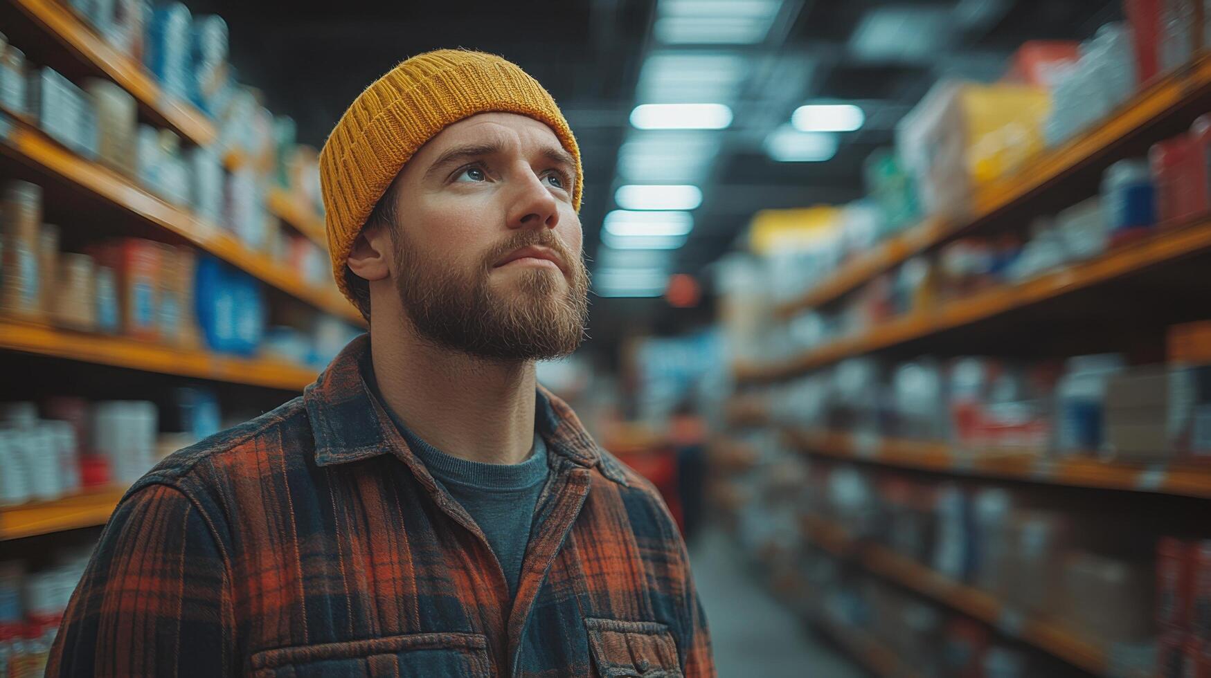 Man looking thoughtfully in a store aisle with shelves filled with products during daytime photo