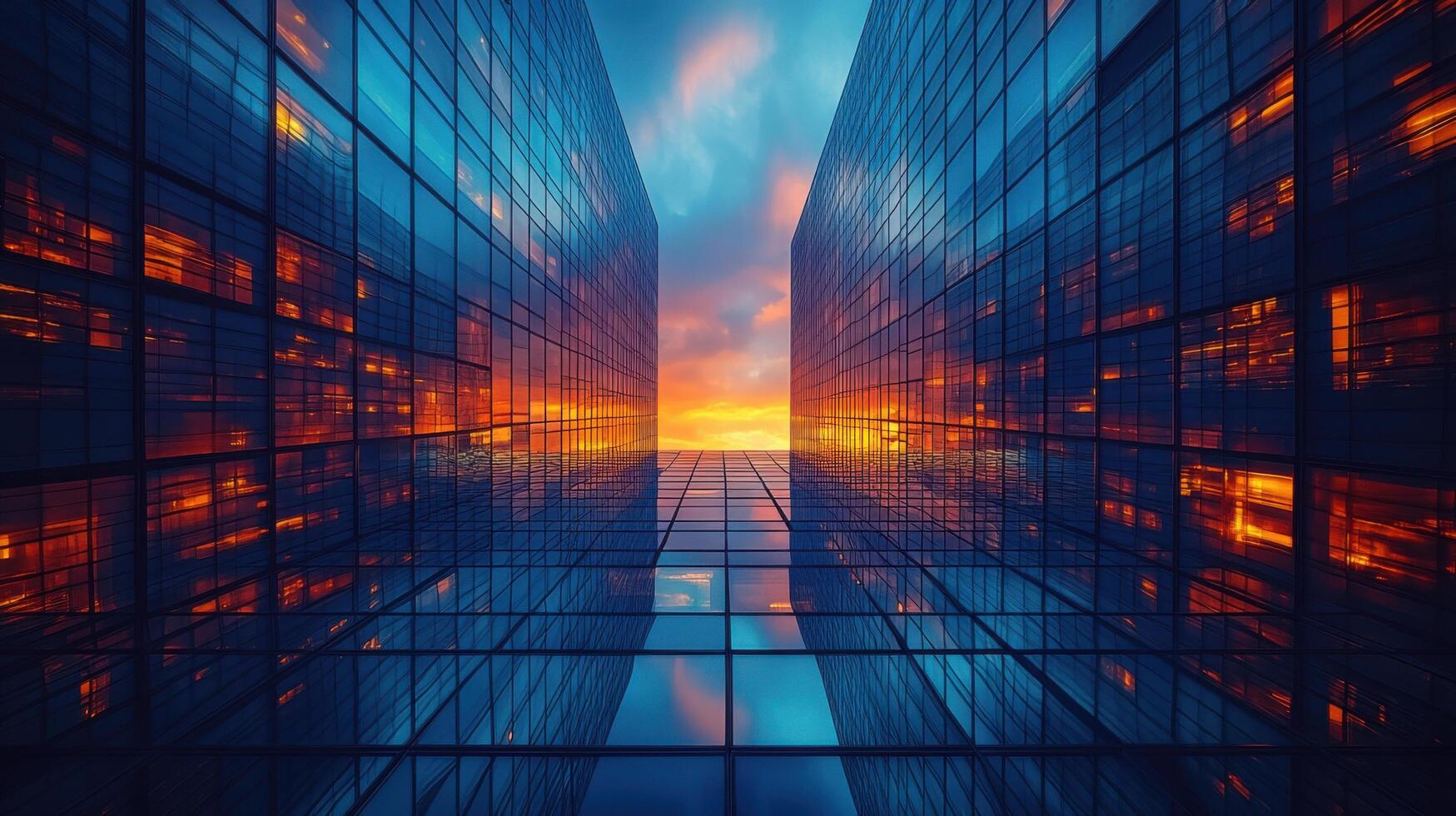Stunning reflection of sunset between modern glass skyscrapers in urban setting photo
