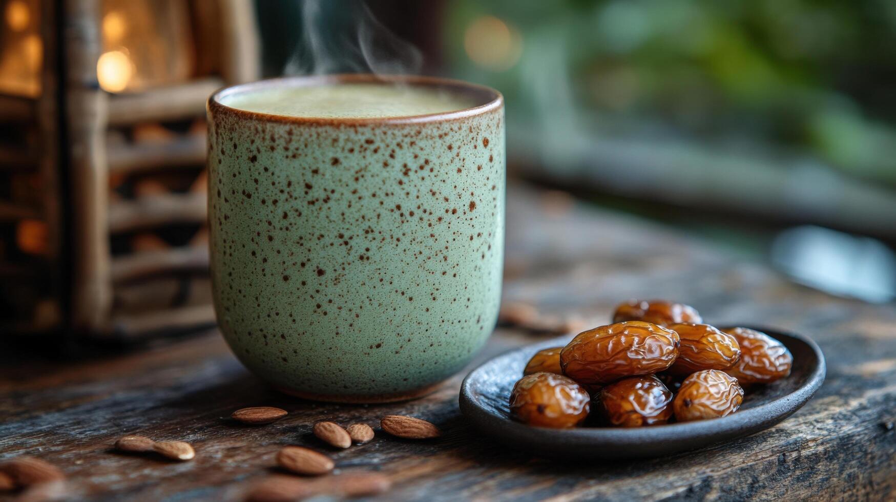 Warm cup of herbal drink accompanied by dates and nuts on rustic wooden table in cozy setting photo