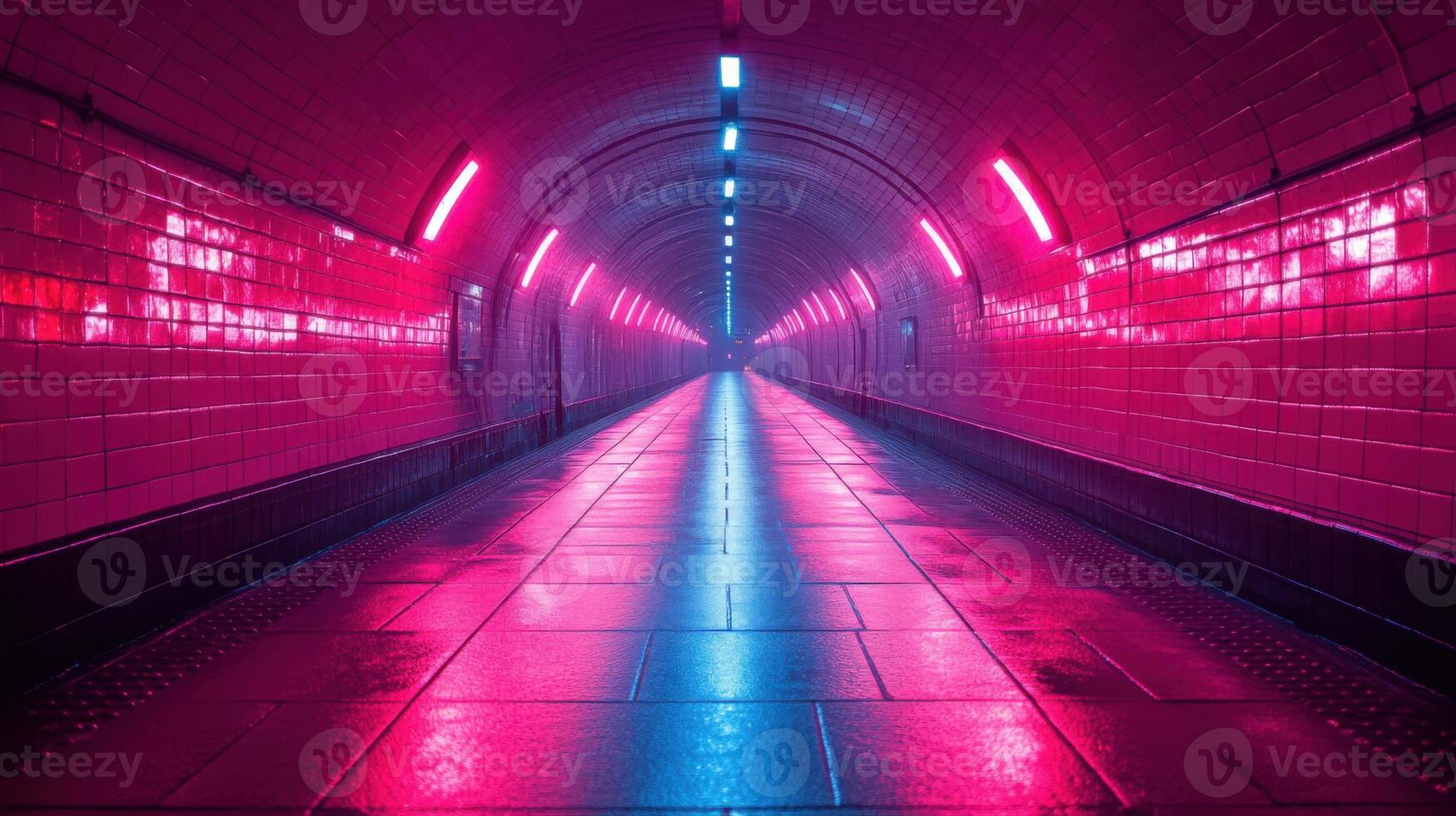 Vibrant neon lights illuminate a long tunnel, creating an otherworldly atmosphere at night photo