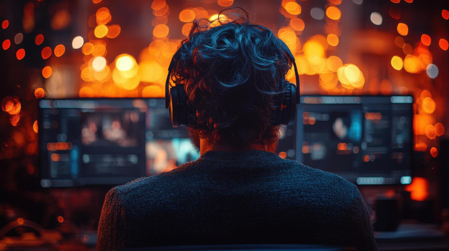 Person uses dual monitors while gaming in a dimly lit room with colorful LED lights during nighttime photo