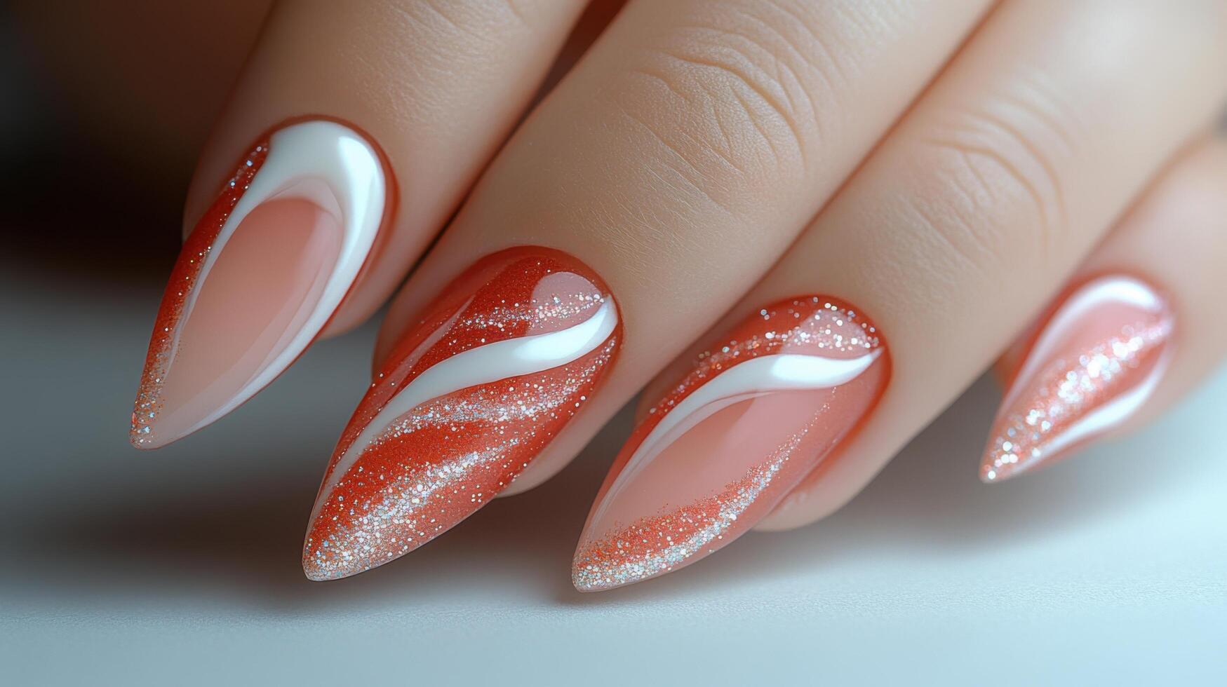 Unique orange and white nail design featuring glitter and swirling patterns in a salon setting photo
