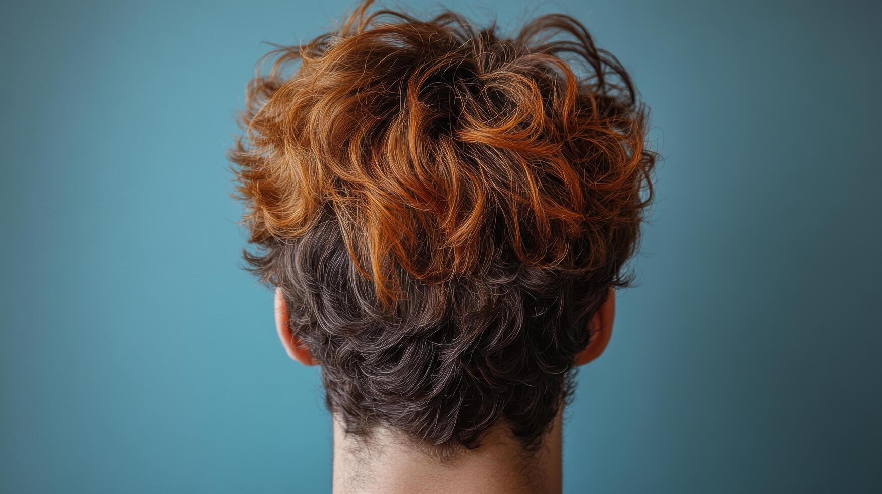 Young person with curly hair showcasing unique hairstyle and color against a solid backdrop in a detailed studio setting photo