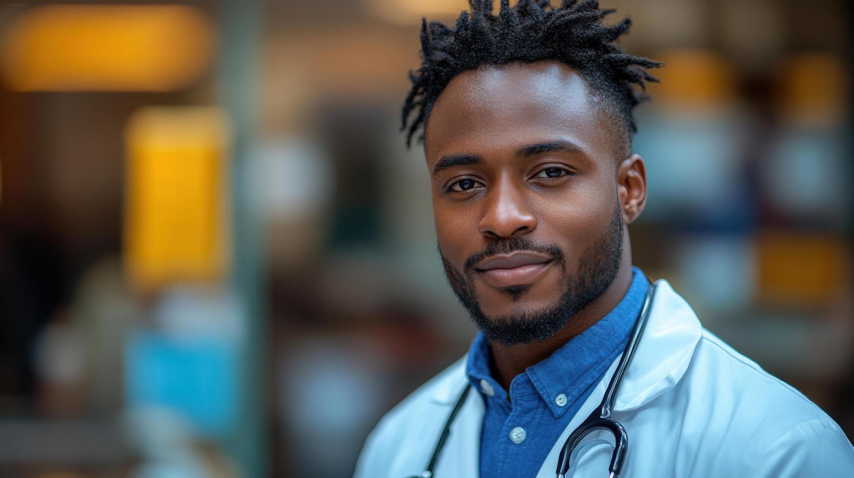 Confident healthcare professional smiling warmly while wearing a stethoscope in a busy clinic setting photo