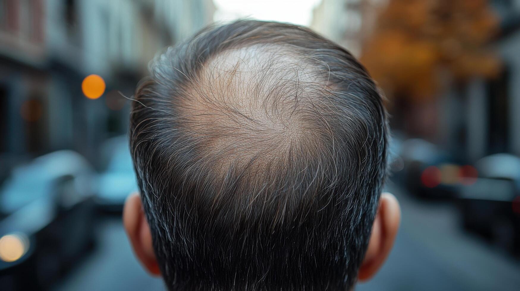 Man with thinning hair walking down a city street in autumn during the late afternoon photo