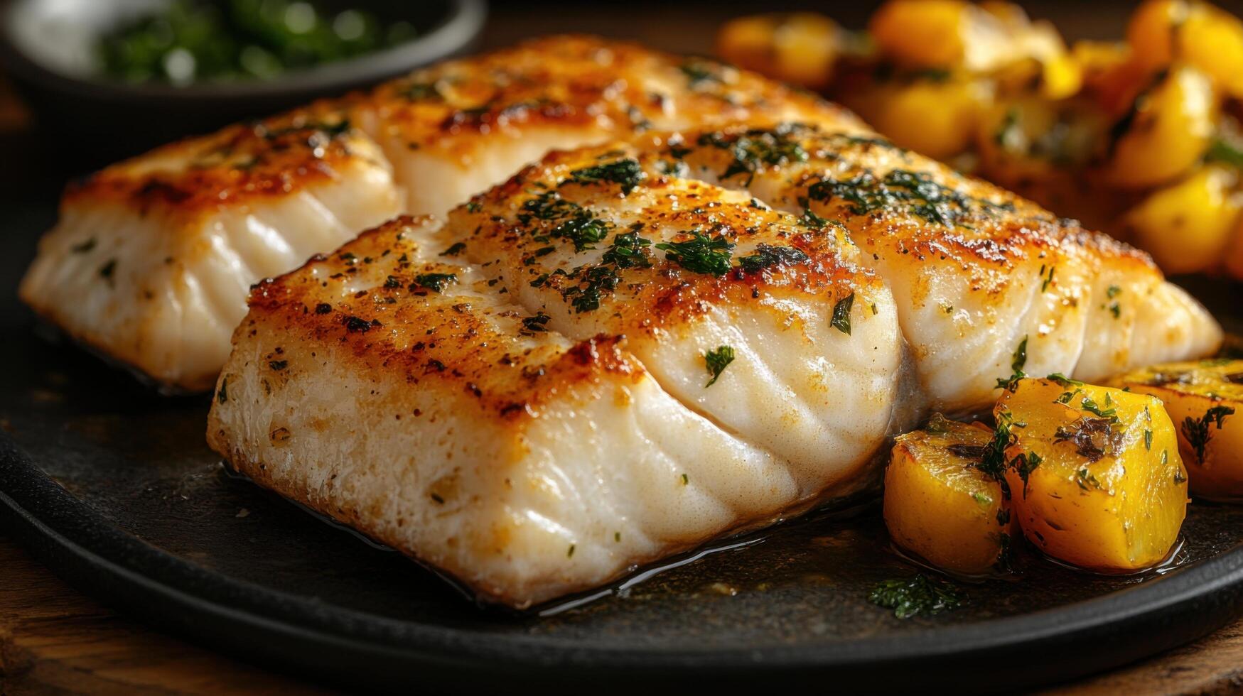 Grilled fish fillets served with roasted potatoes on a rustic wooden table photo