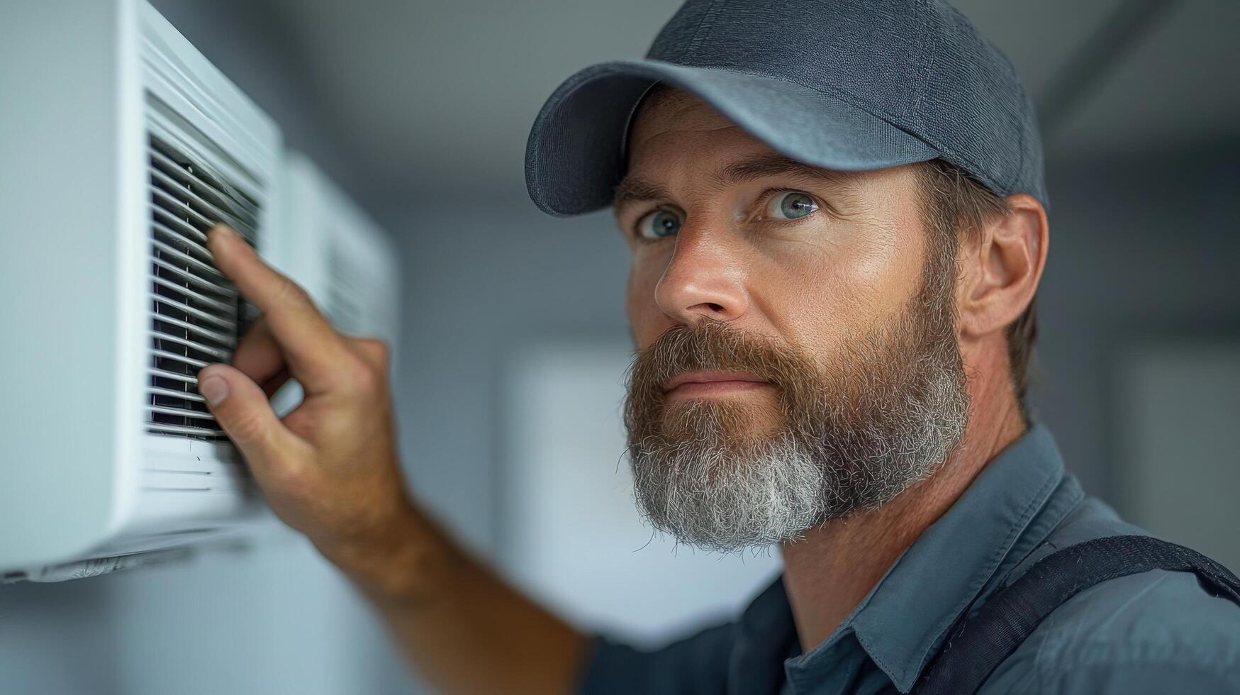 Technician inspecting the air conditioning unit in a residential home during a summer morning photo