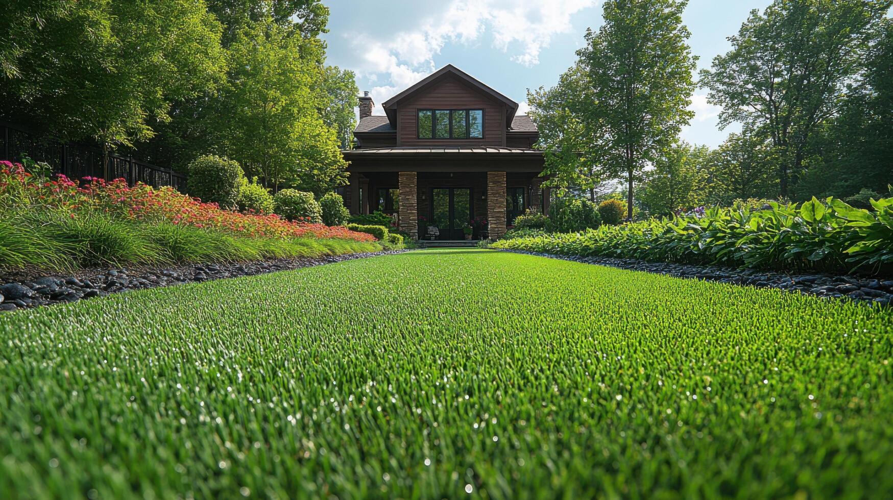 Lush green lawn with vibrant landscape and elegant home in warm afternoon light photo
