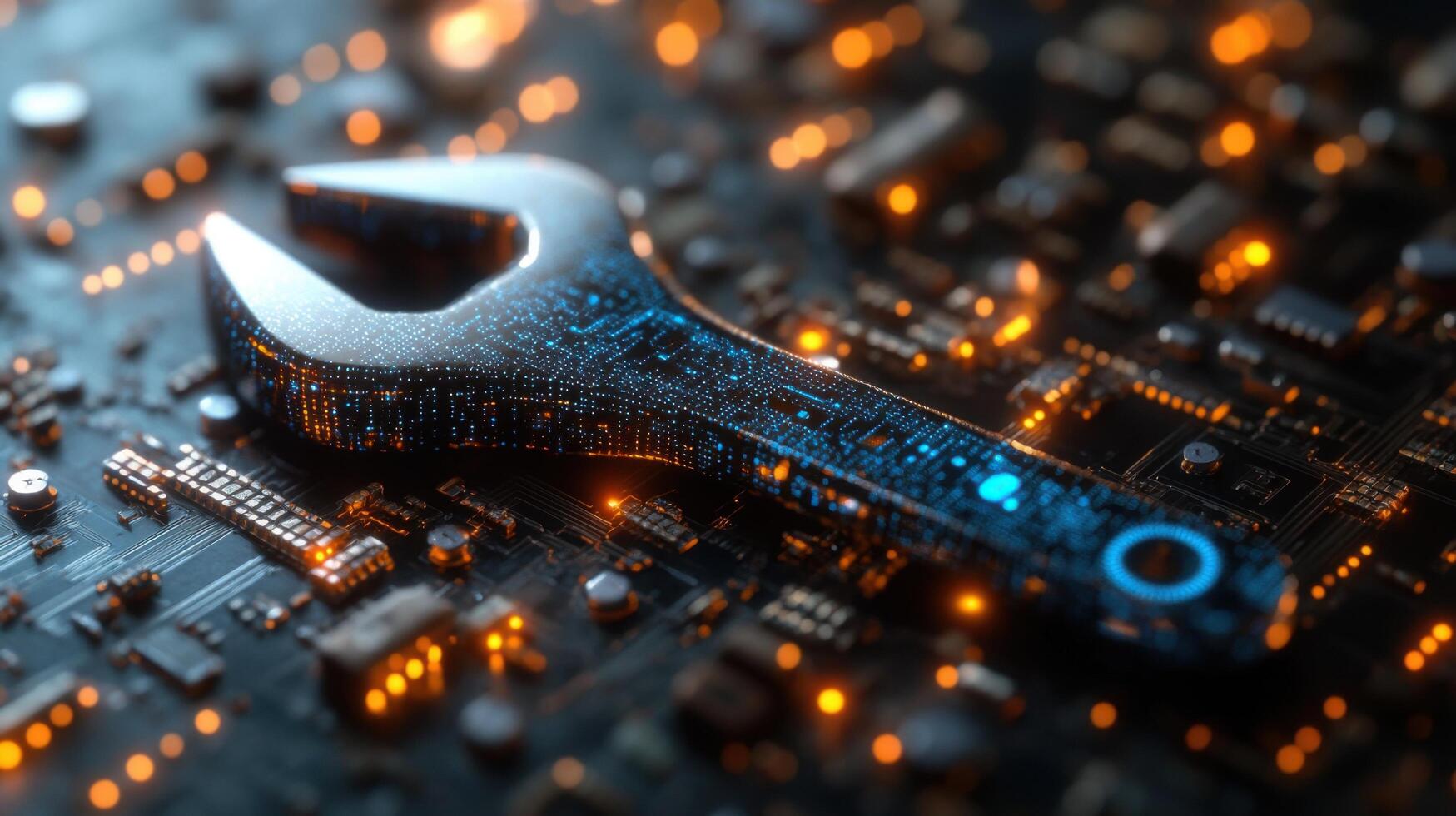 Technological innovation with a digital wrench resting on a circuit board illuminated by glowing components photo