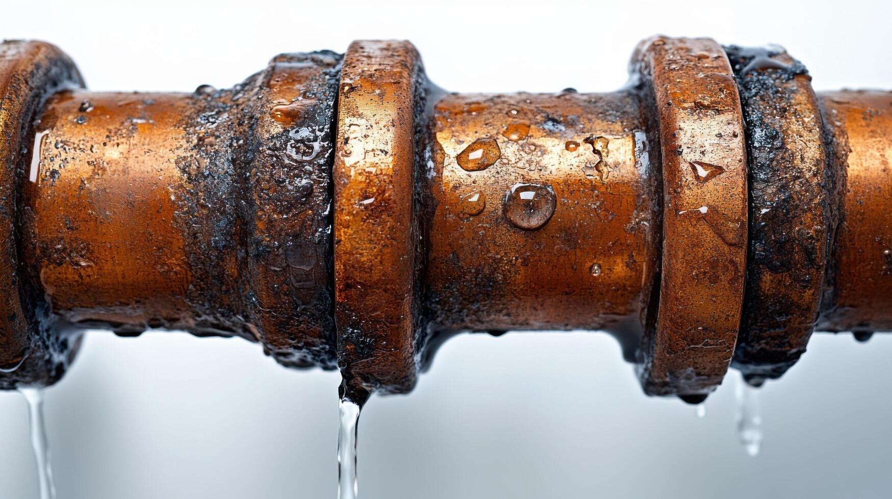 Rusty copper pipe leaking water near a wall in a damp environment during a warm day photo