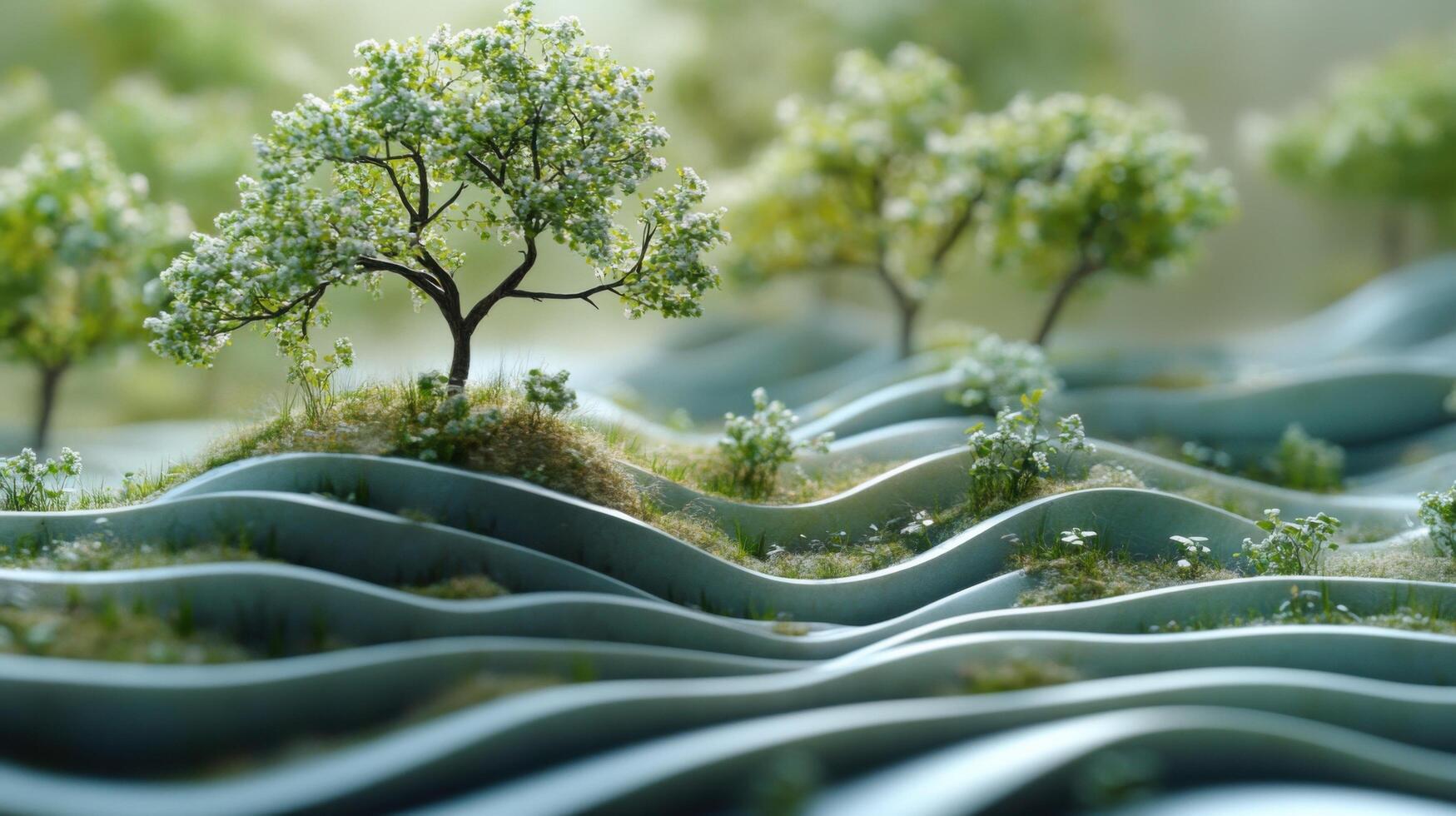 Lush miniature landscape with flowing hills and blooming trees in a serene setting photo