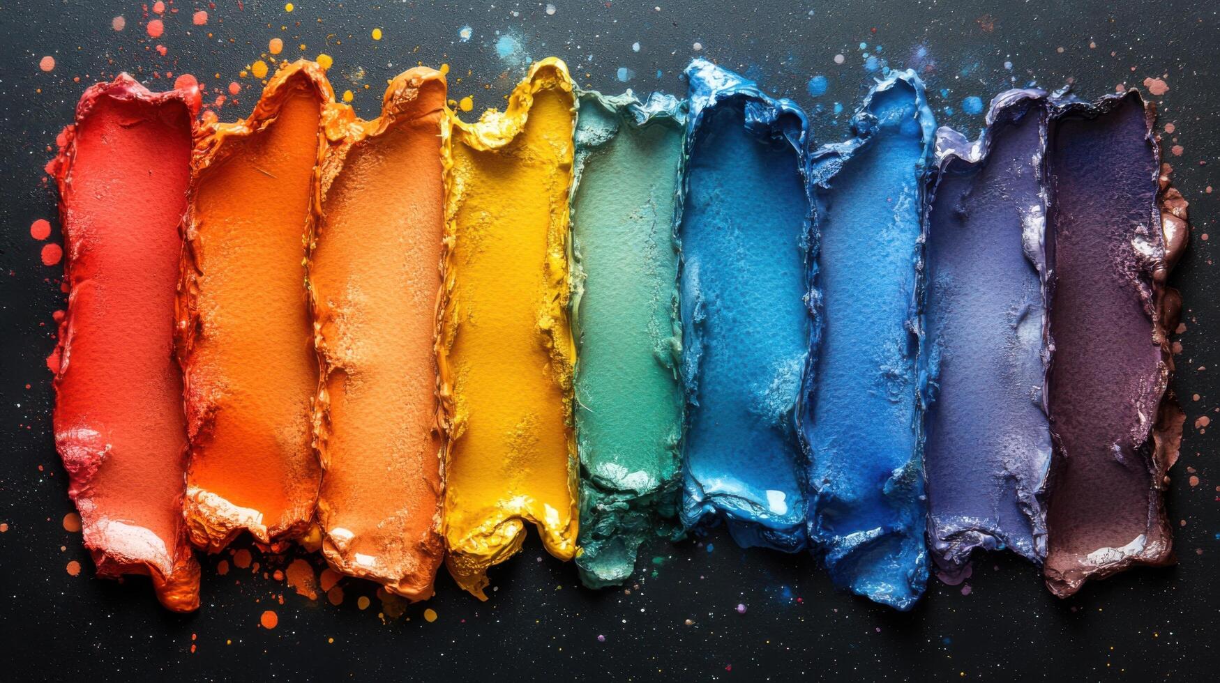 Colorful paint swatches arranged in a rainbow pattern on a dark background with splashes of color photo