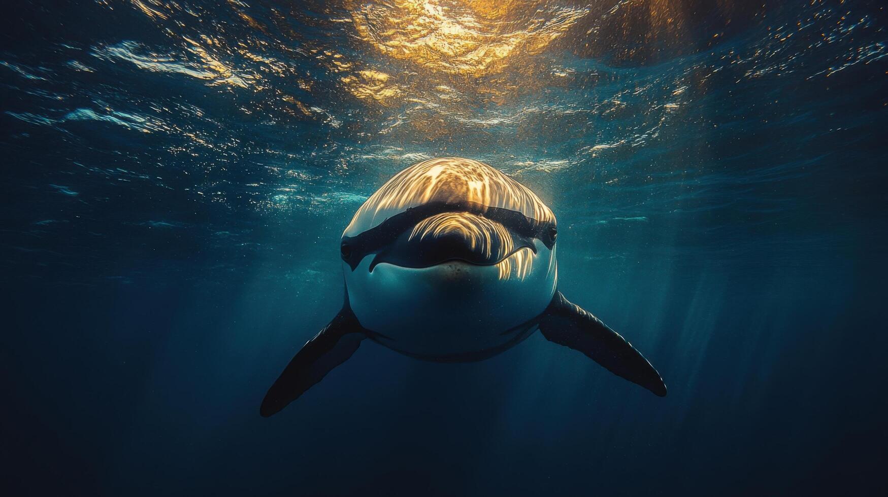 Diving into the depths of the ocean to observe a majestic seal swimming gracefully near the sunlit surface photo