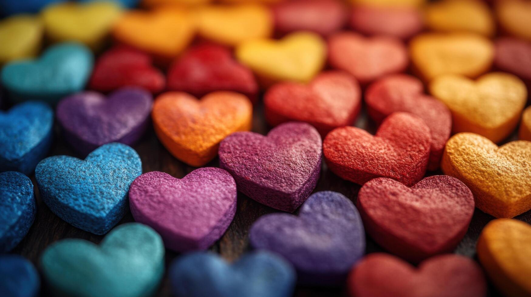 Colorful heart-shaped candies arranged in a creative pattern on a wooden surface photo