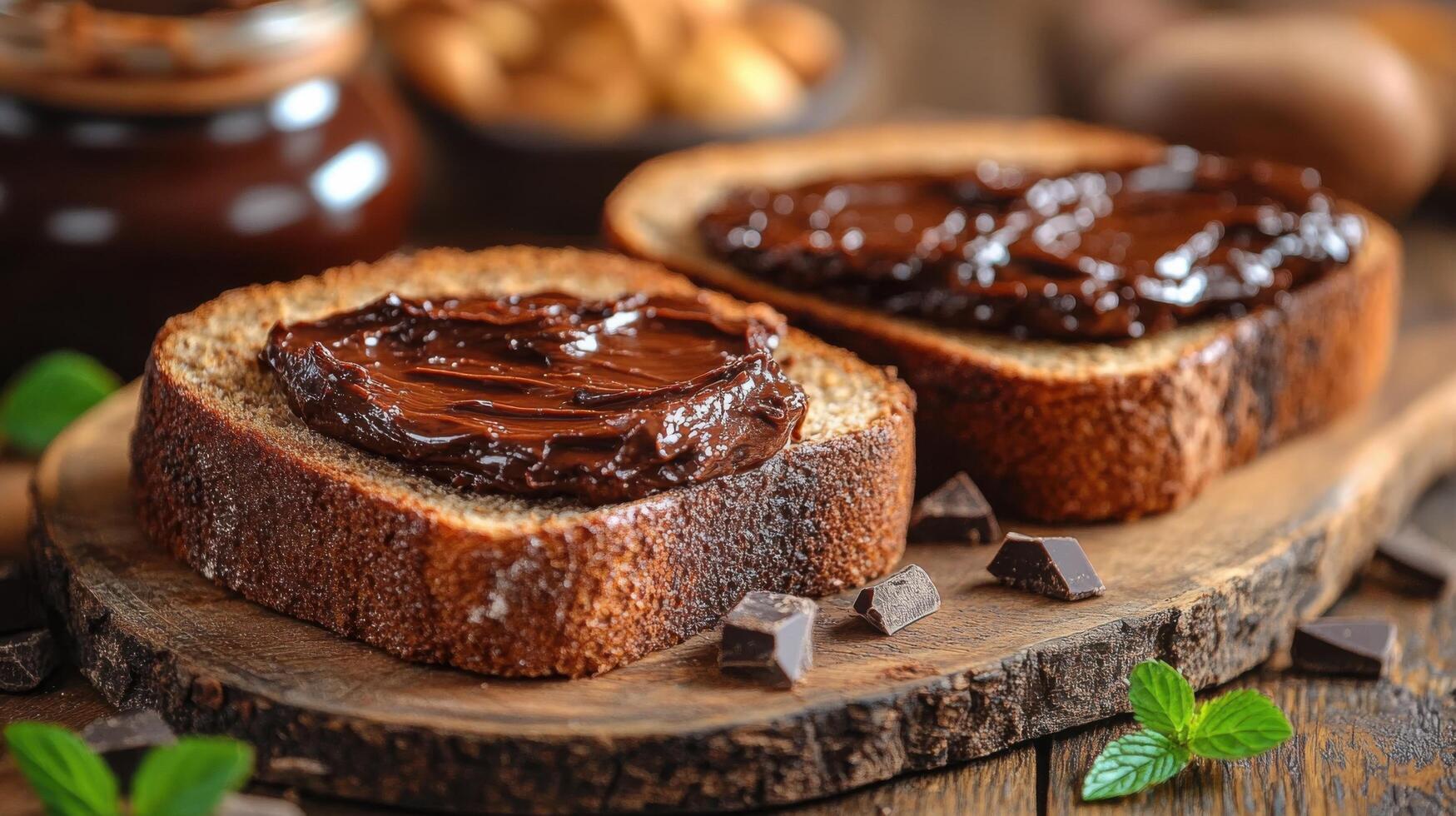Dark chocolate spread on toasted bread with nuts and mint leaves in a rustic kitchen setting photo