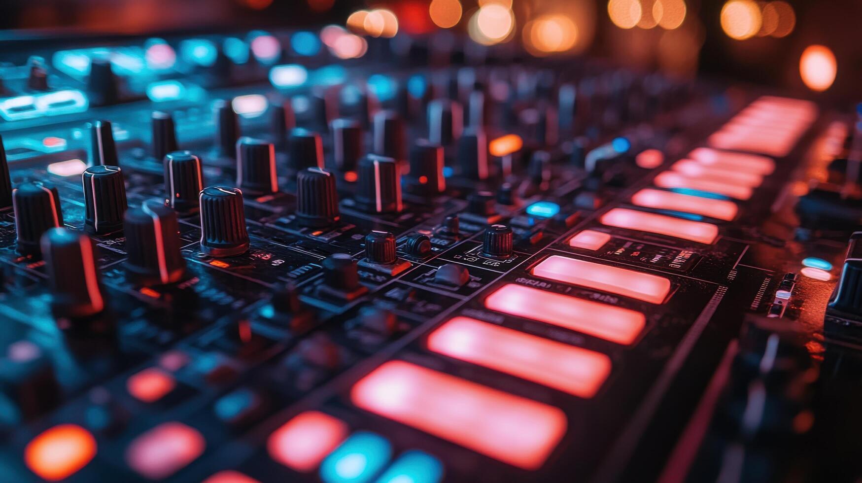 Electronic music equipment emits vibrant colors during a late-night studio session in an urban setting photo