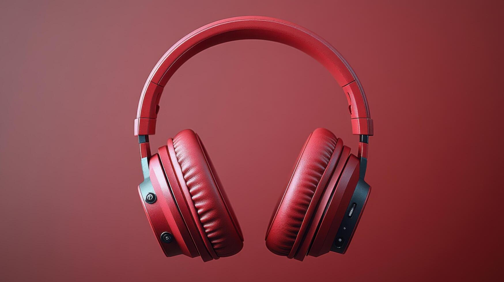 Stylish red headphones displayed against a solid red background showcasing modern audio design and technology aesthetics photo