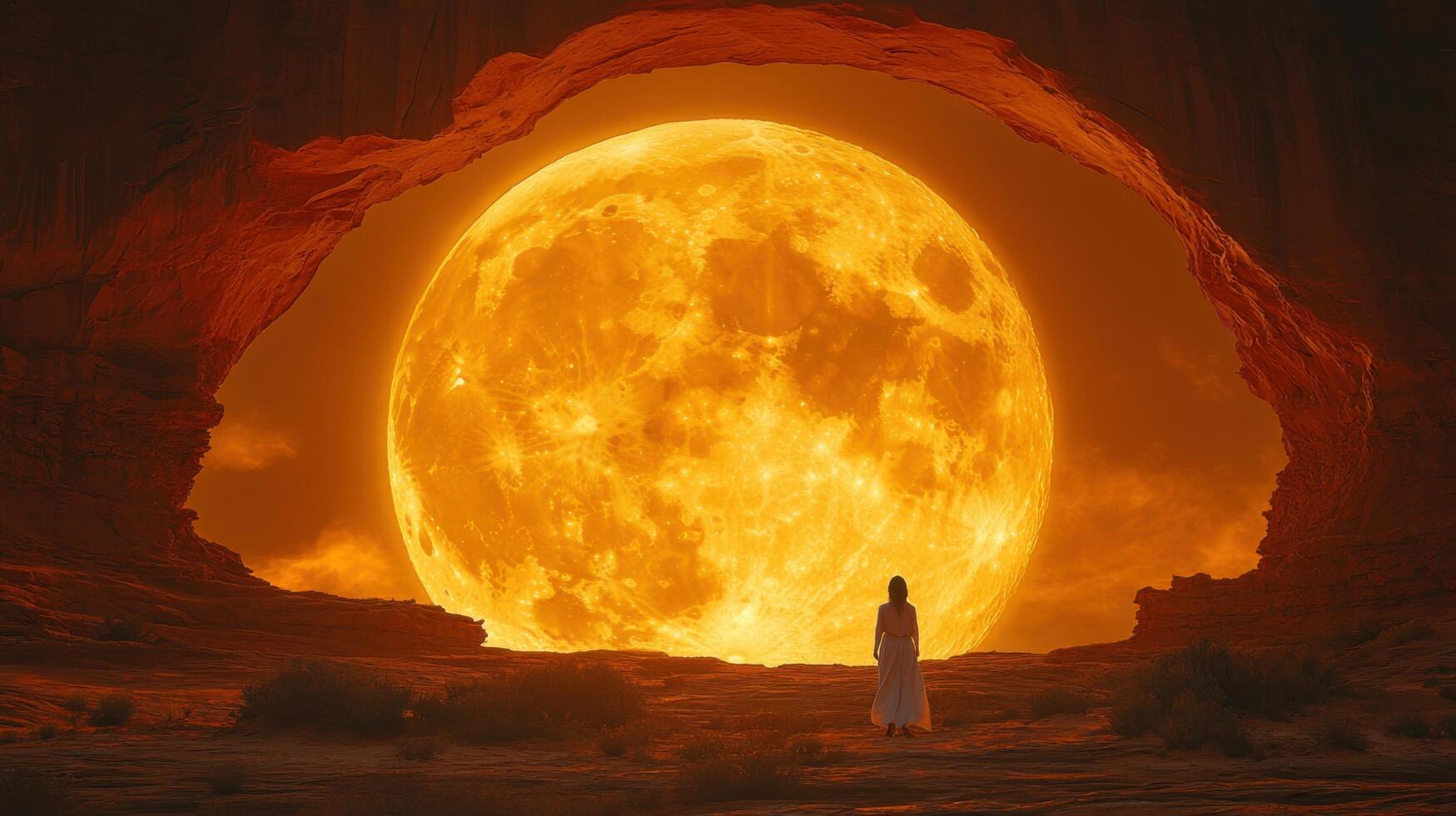 Captivating view of a person gazing at a massive full moon through a natural rock arch in a desert landscape at dusk photo