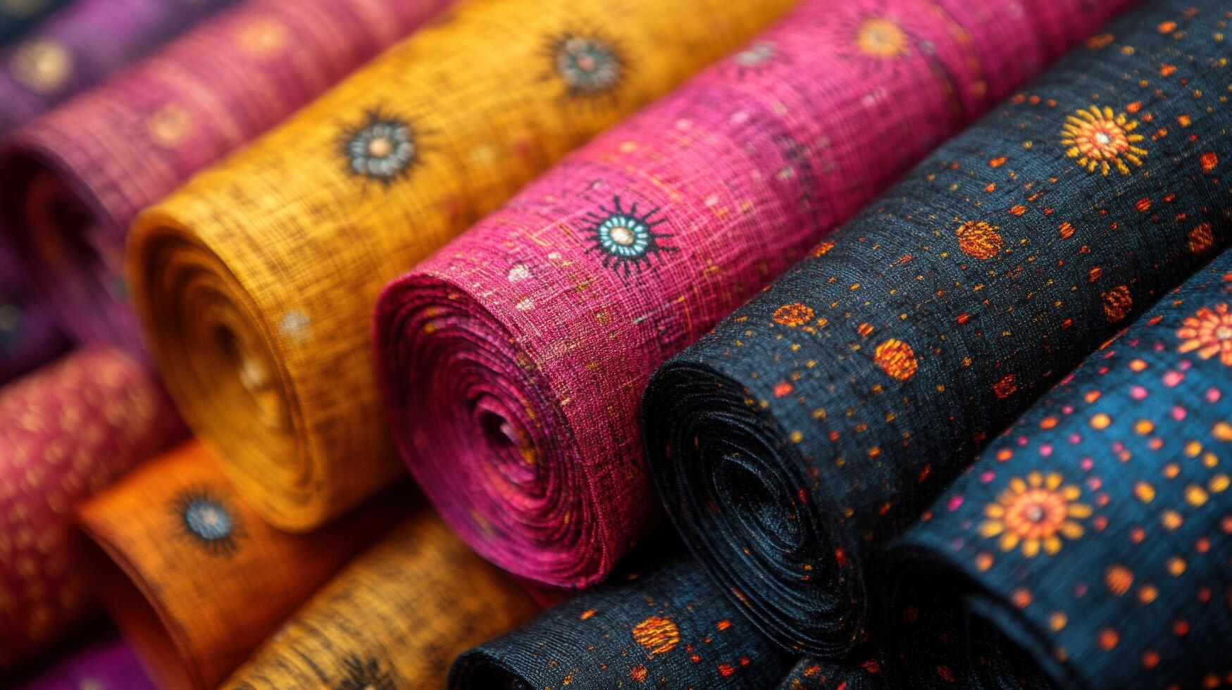 Vibrant rolls of traditional fabrics showcasing intricate designs in a market setting during daylight hours photo