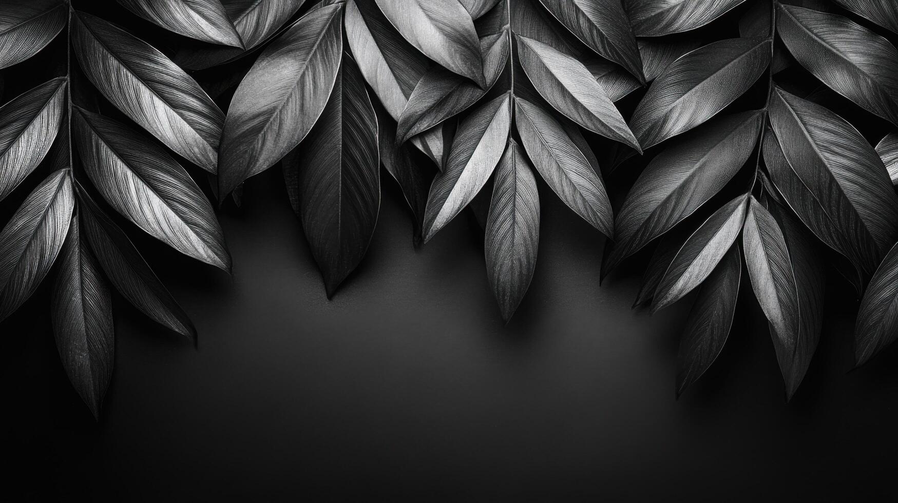 Dark green leaves create a striking contrast against a smooth black background in a minimalist design photo
