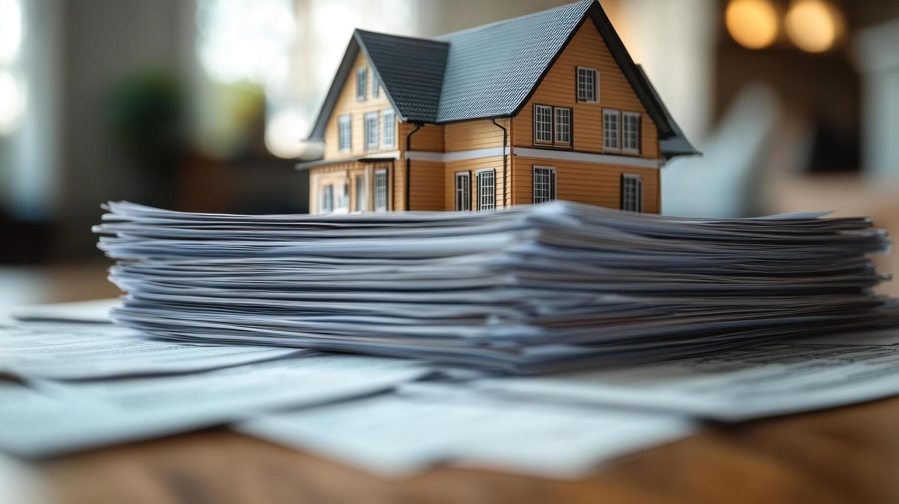 Model house sits atop a large stack of paperwork in a cozy office setting during daytime photo