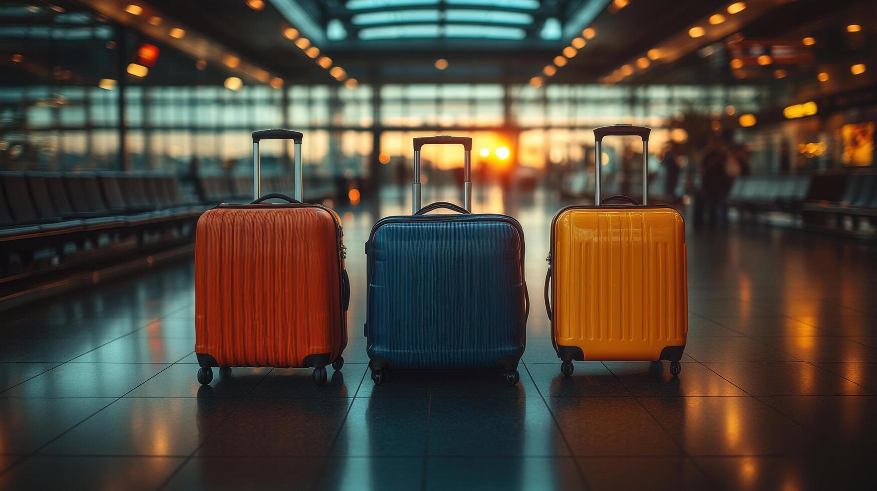 Colorful suitcases at airport terminal during sunset creating a vibrant travel atmosphere photo