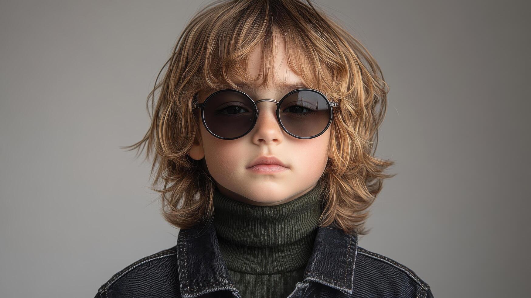 Child poses confidently in stylish oversized sunglasses and casual attire against a plain background photo