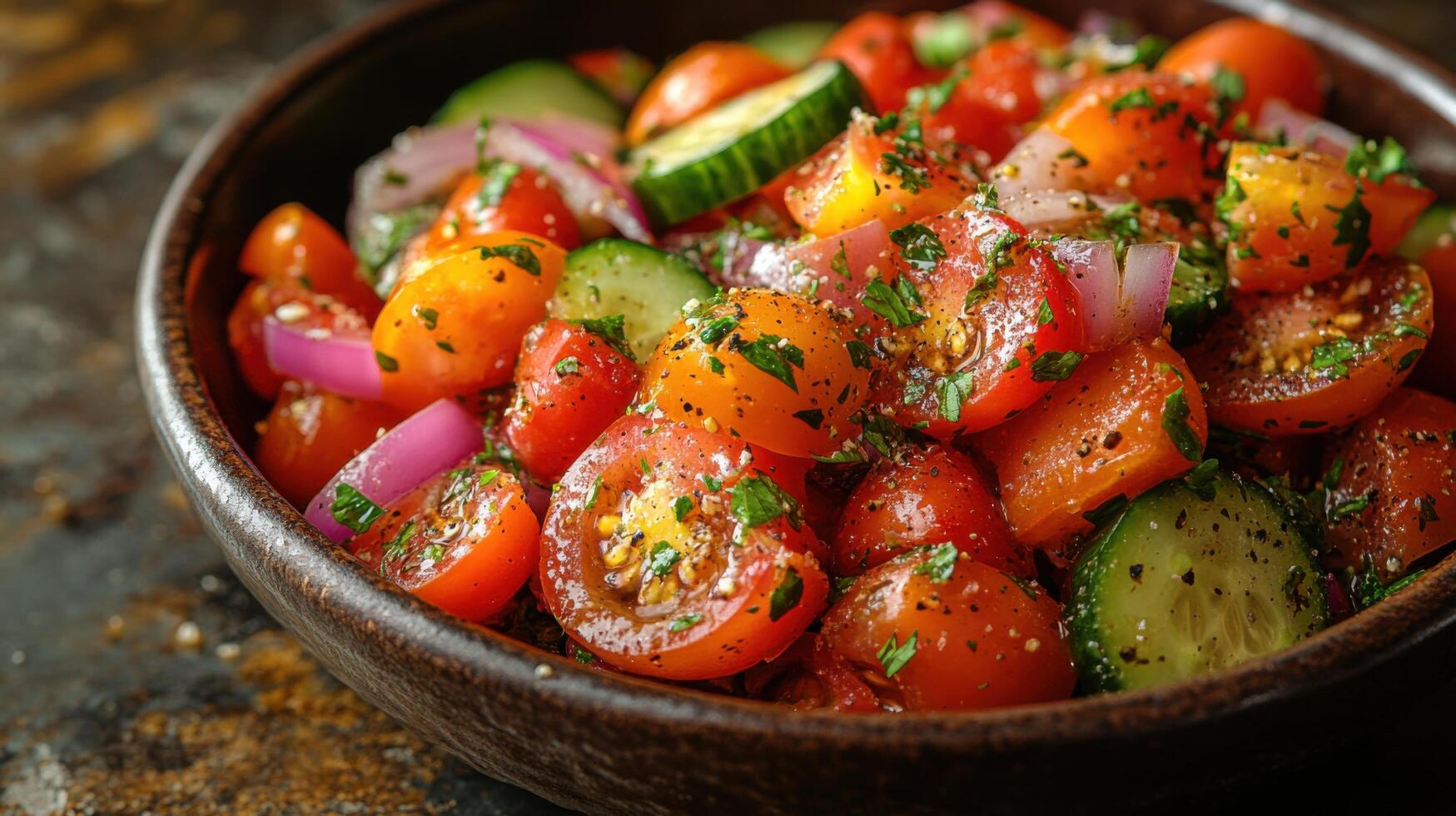 Fresh vegetable salad with cherry tomatoes, cucumbers, and onions garnished with herbs on a rustic table photo