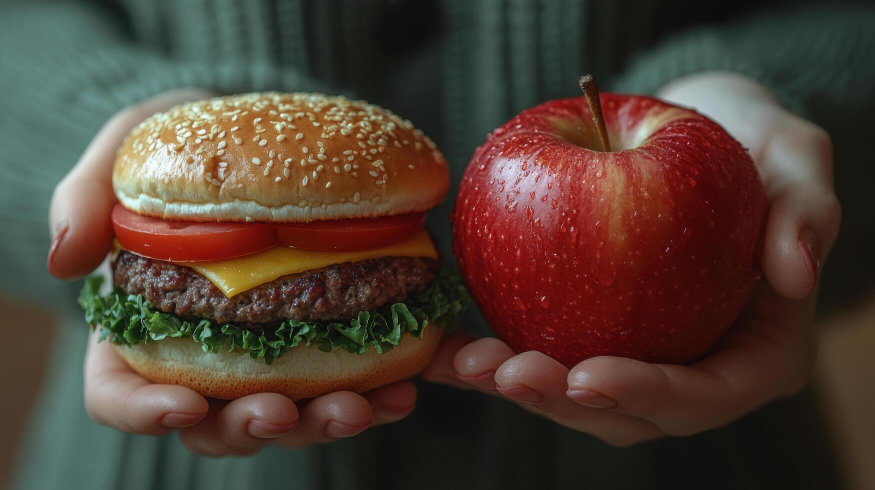 Balancing healthy eating choices with a burger in one hand and an apple in the other photo