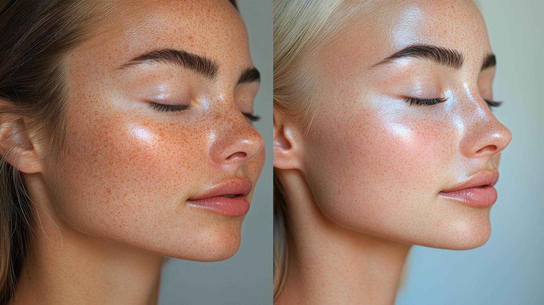 Comparison of two women showcasing natural beauty and skincare glow under soft lighting photo