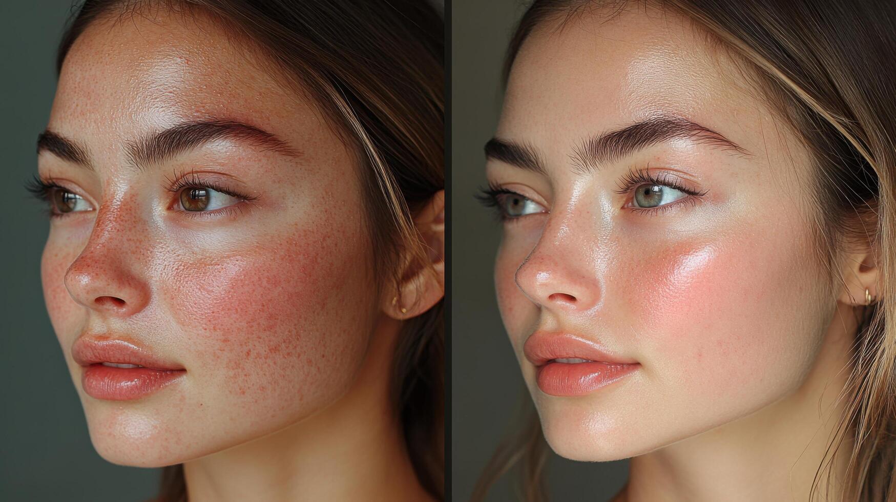 Skin transformation before and after showcasing natural beauty without heavy makeup in a close-up portrait photo