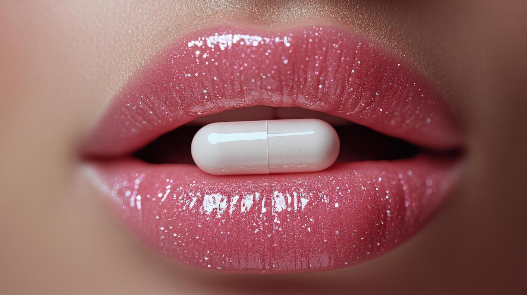 Close-up view of glossy lips holding a white capsule in a beauty and wellness context photo