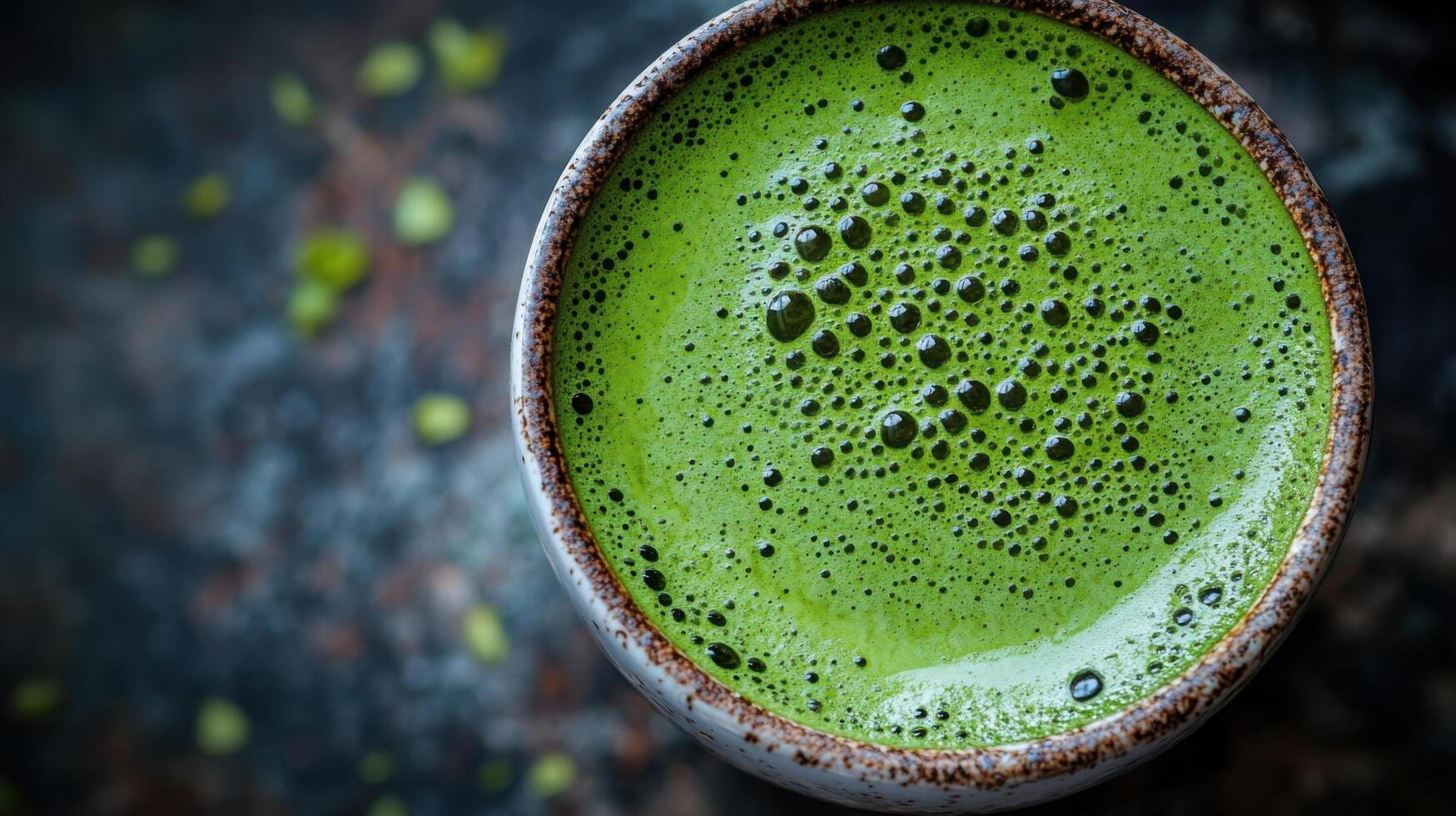 Green drink in a rustic bowl showcasing rich texture and color, highlighting natural ingredients and freshness in a cozy setting photo