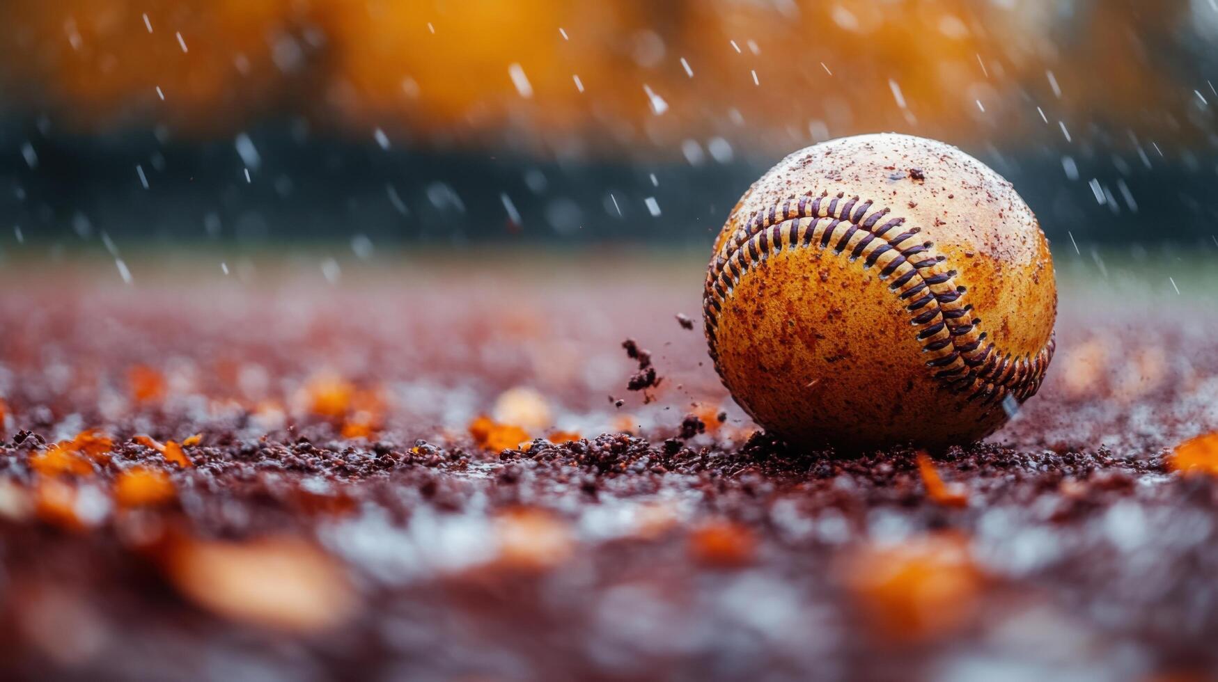 Rain-soaked baseball rests on muddy ground surrounded by autumn leaves during a cloudy afternoon photo