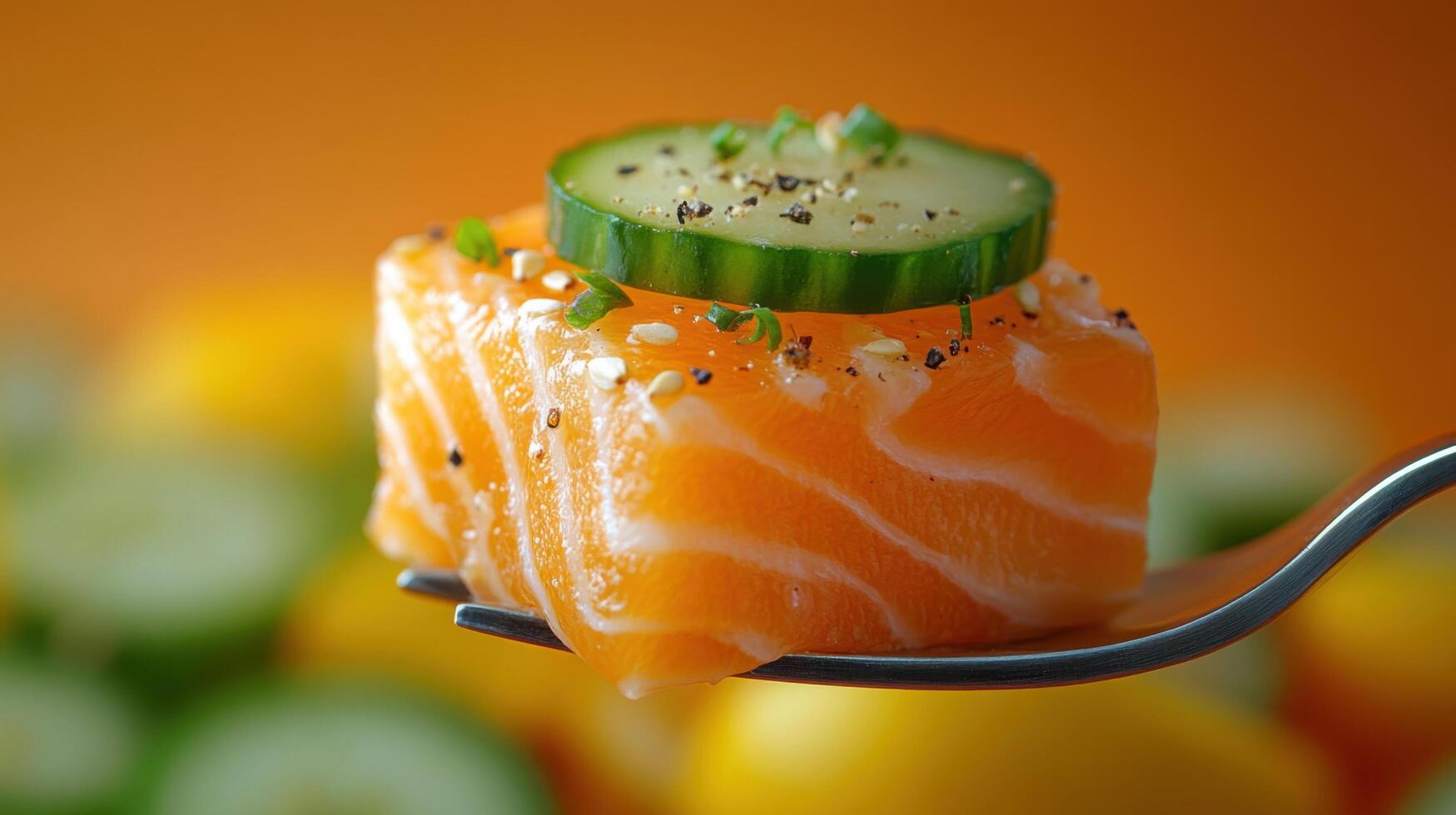 Delicious salmon sushi on a fork with cucumber garnish against a colorful background photo