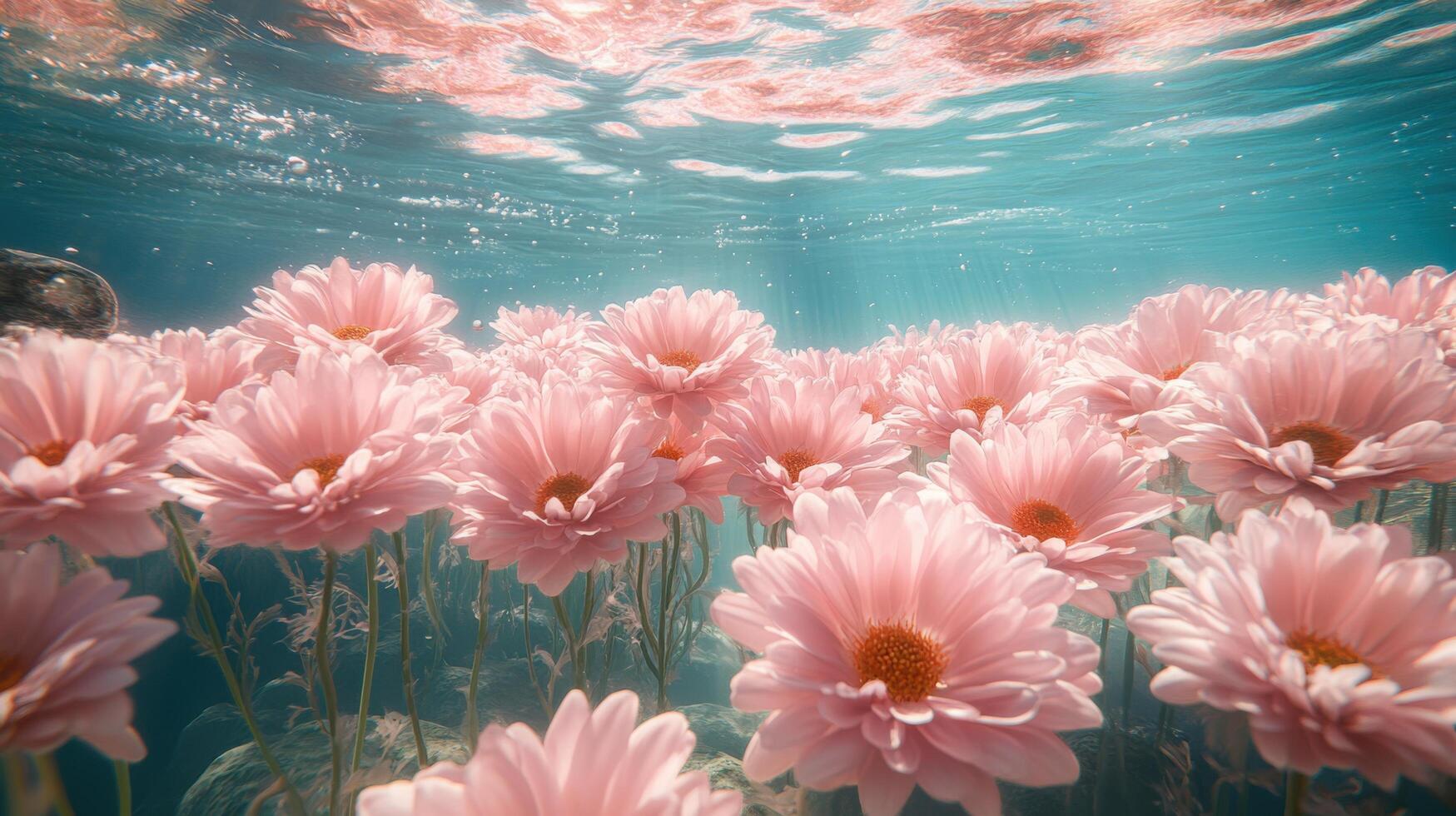 Underwater pink daisies create a serene and enchanting floral landscape in a tranquil aquatic environment photo