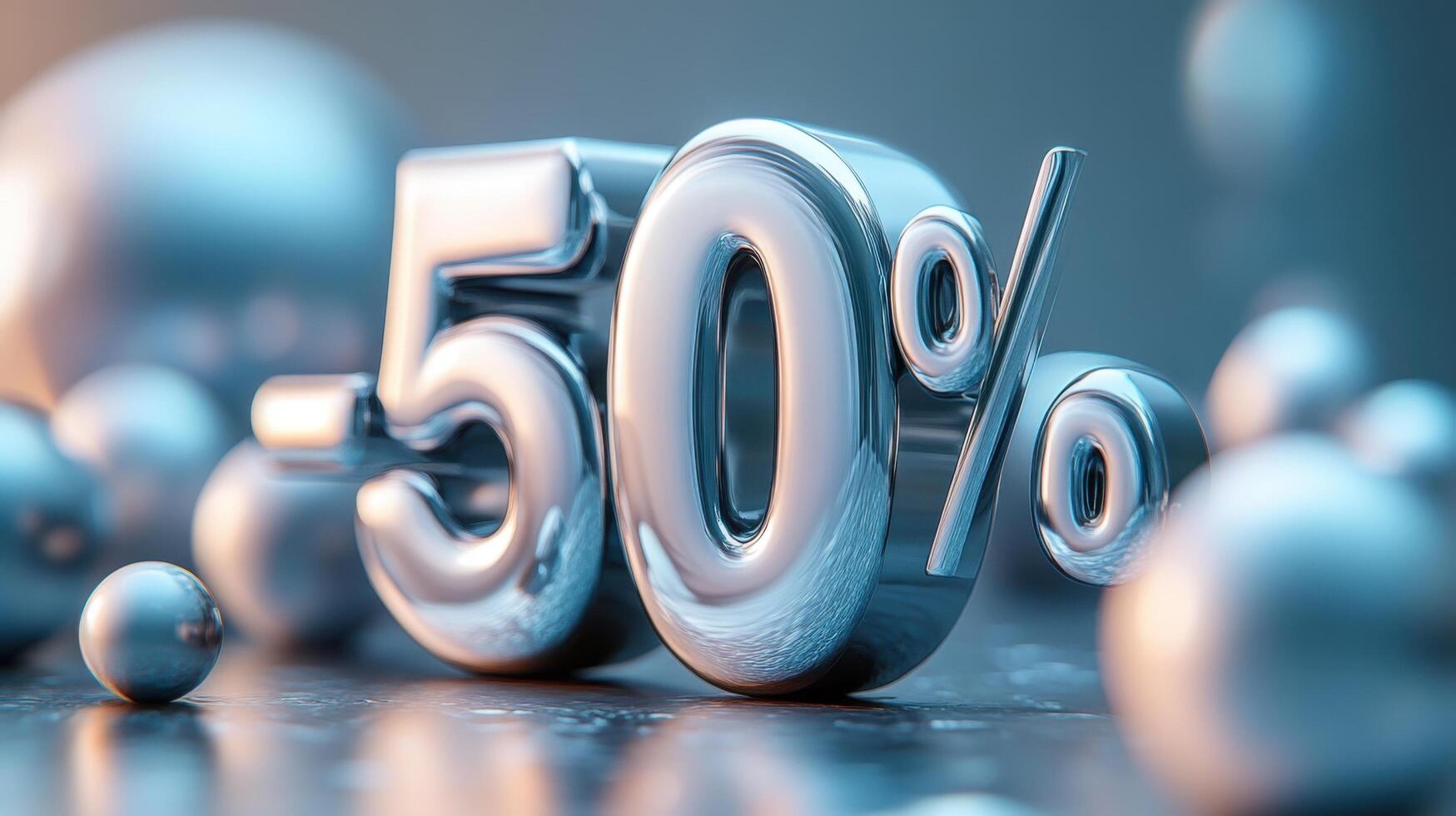 Promotional discount displayed as 50 percent in a shiny and reflective setup with decorative spheres photo