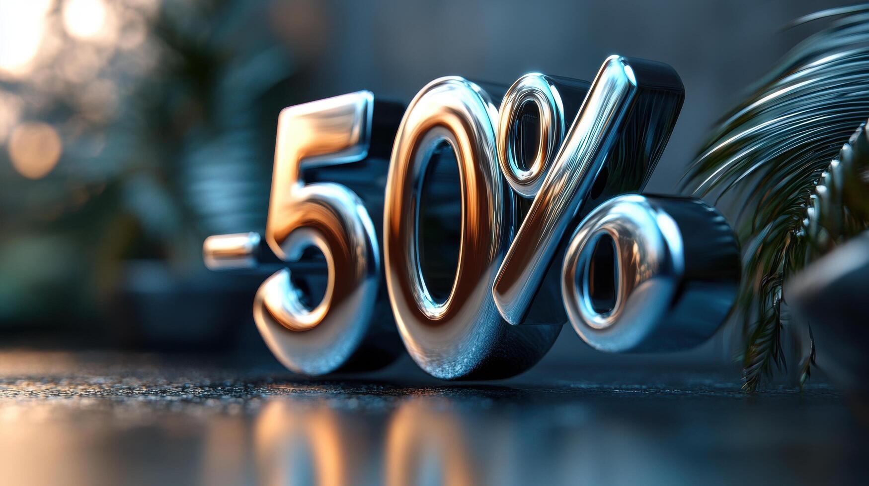 Discount sign showing fifty percent off illuminated by soft lighting in a modern setting photo
