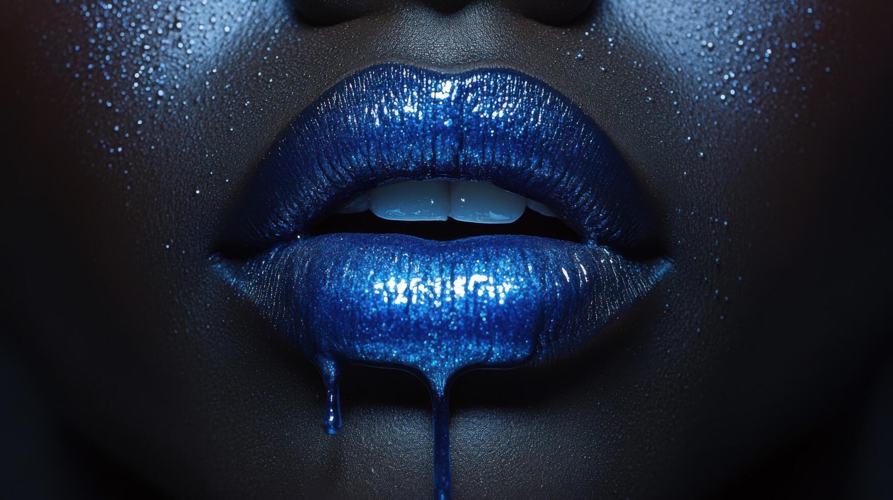 Bold blue lips create a striking visual with glitter and dripping shine in a high-fashion artistic display photo
