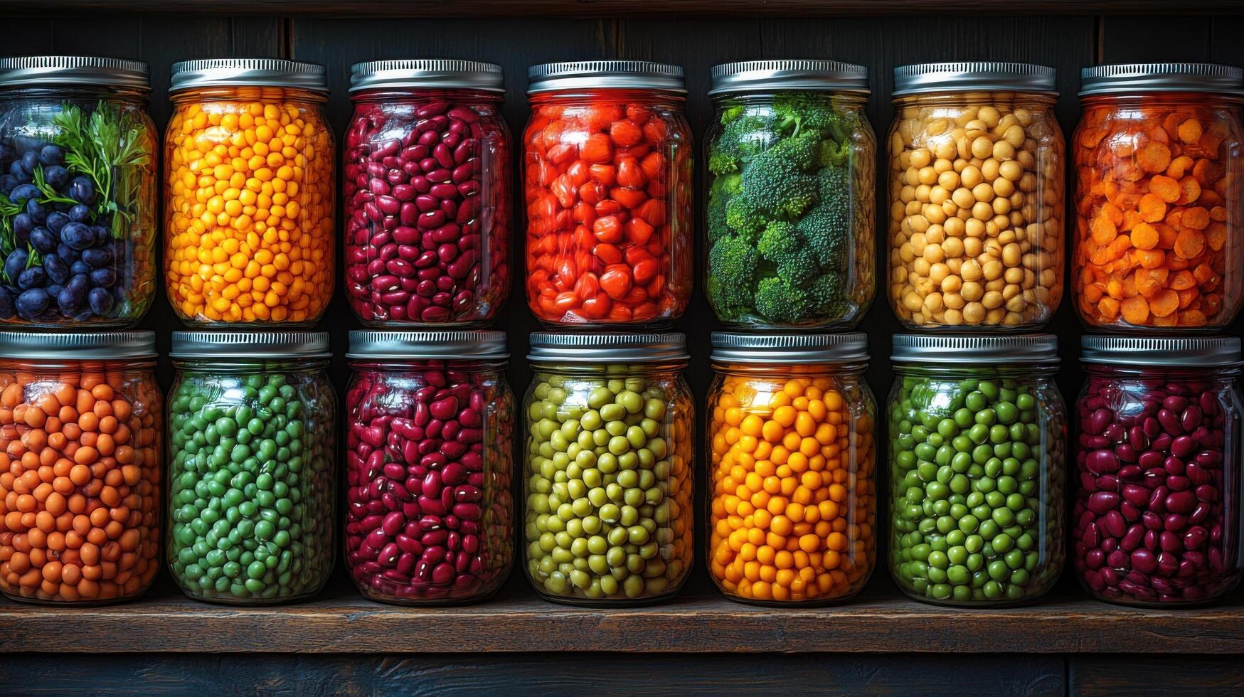 Colorful jars of preserved vegetables and fruits arranged neatly on a wooden shelf in a rustic setting photo