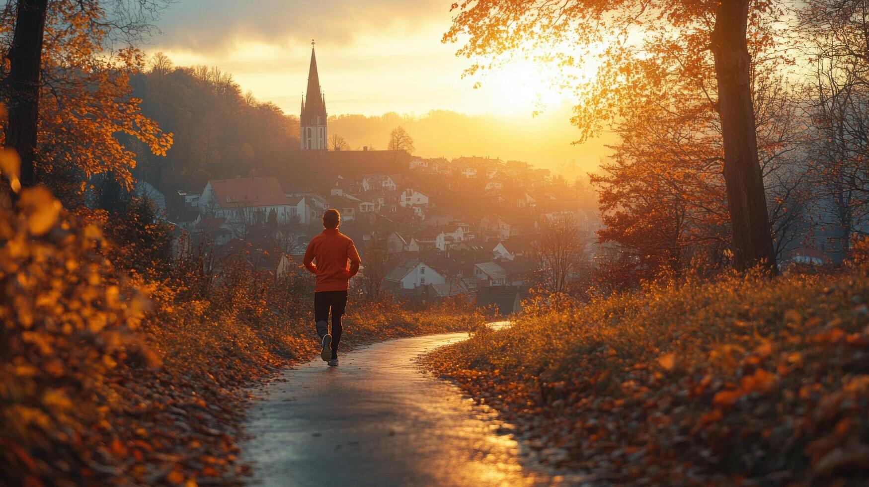 Sunrise jogger along a winding path in an autumn landscape near a village with a church steeple photo