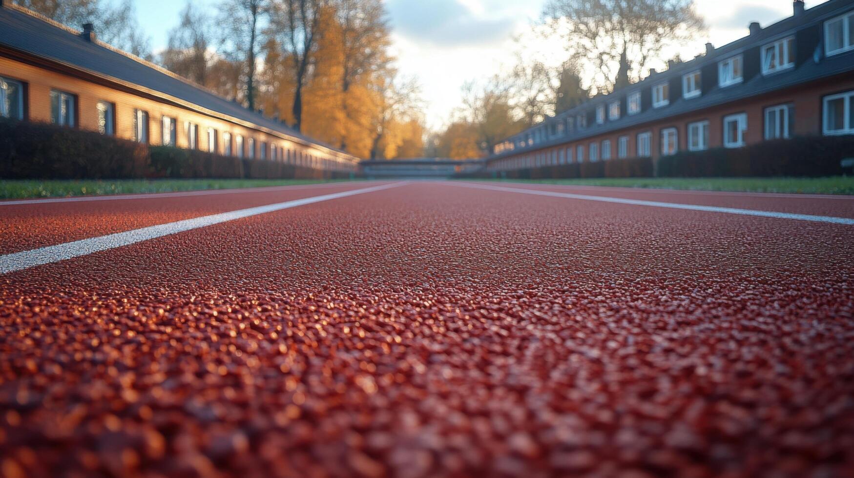Running track at sunset with residential buildings in the background and autumn foliage lining the pathway photo