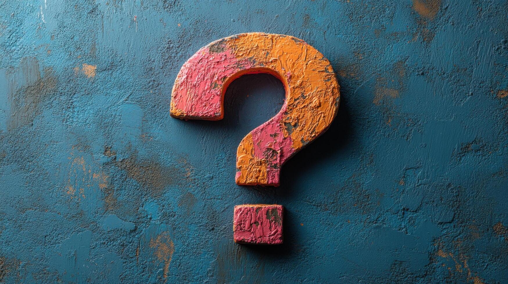 Colorful question mark displayed on a textured blue surface captures curiosity and imagination in a creative setting photo