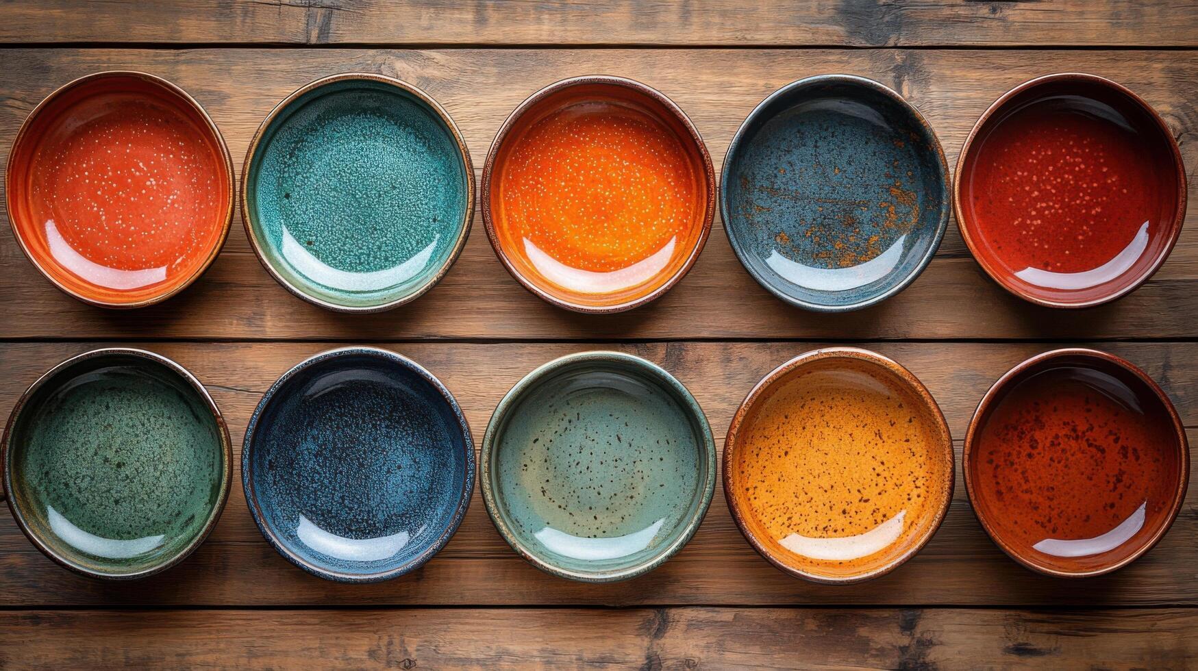 Colorful ceramic bowls arranged in two rows on a wooden surface showcasing vibrant glazes and unique patterns photo