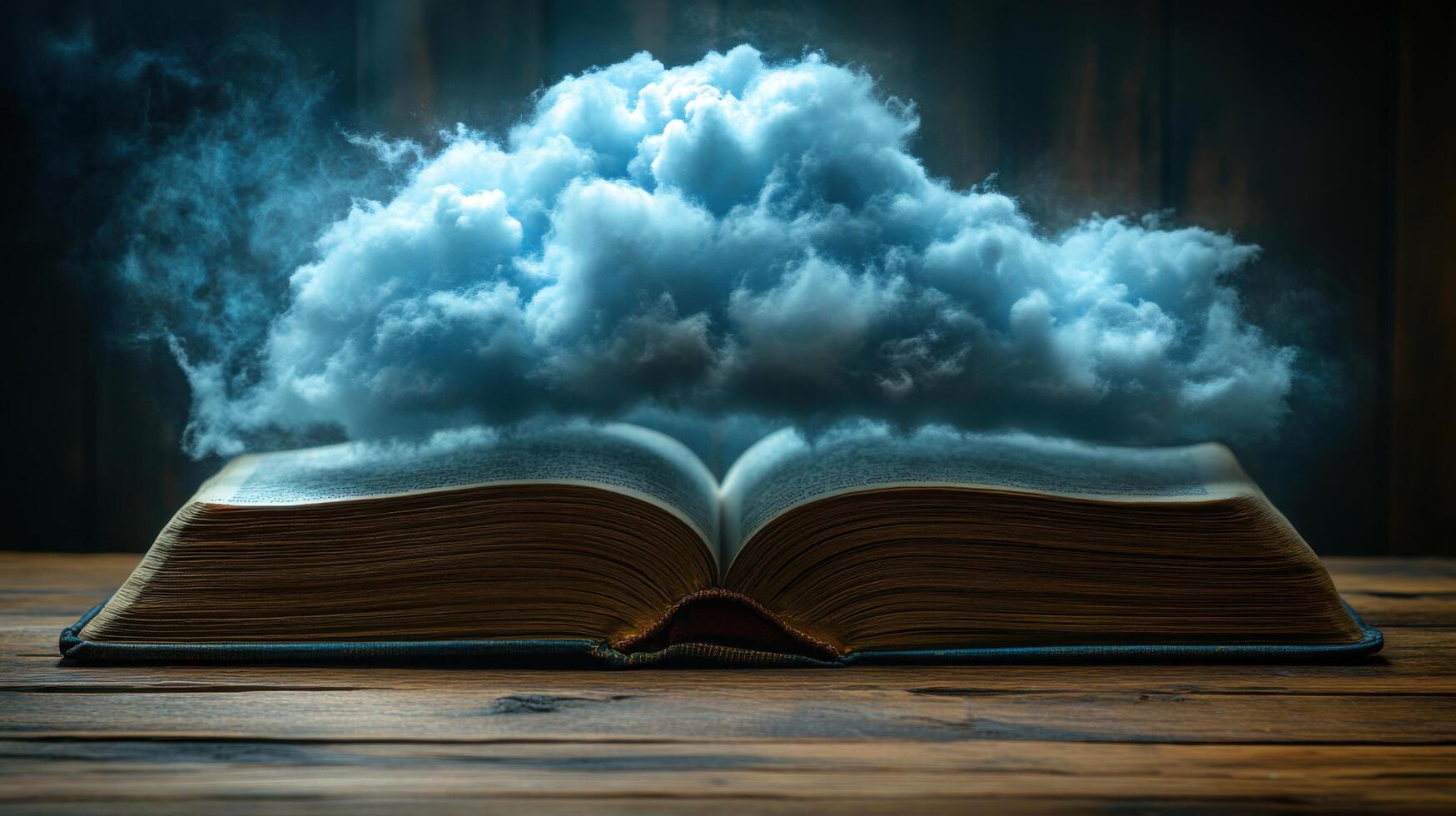 Open book with cloud hovering above, symbolizing imagination and creativity in literature photo