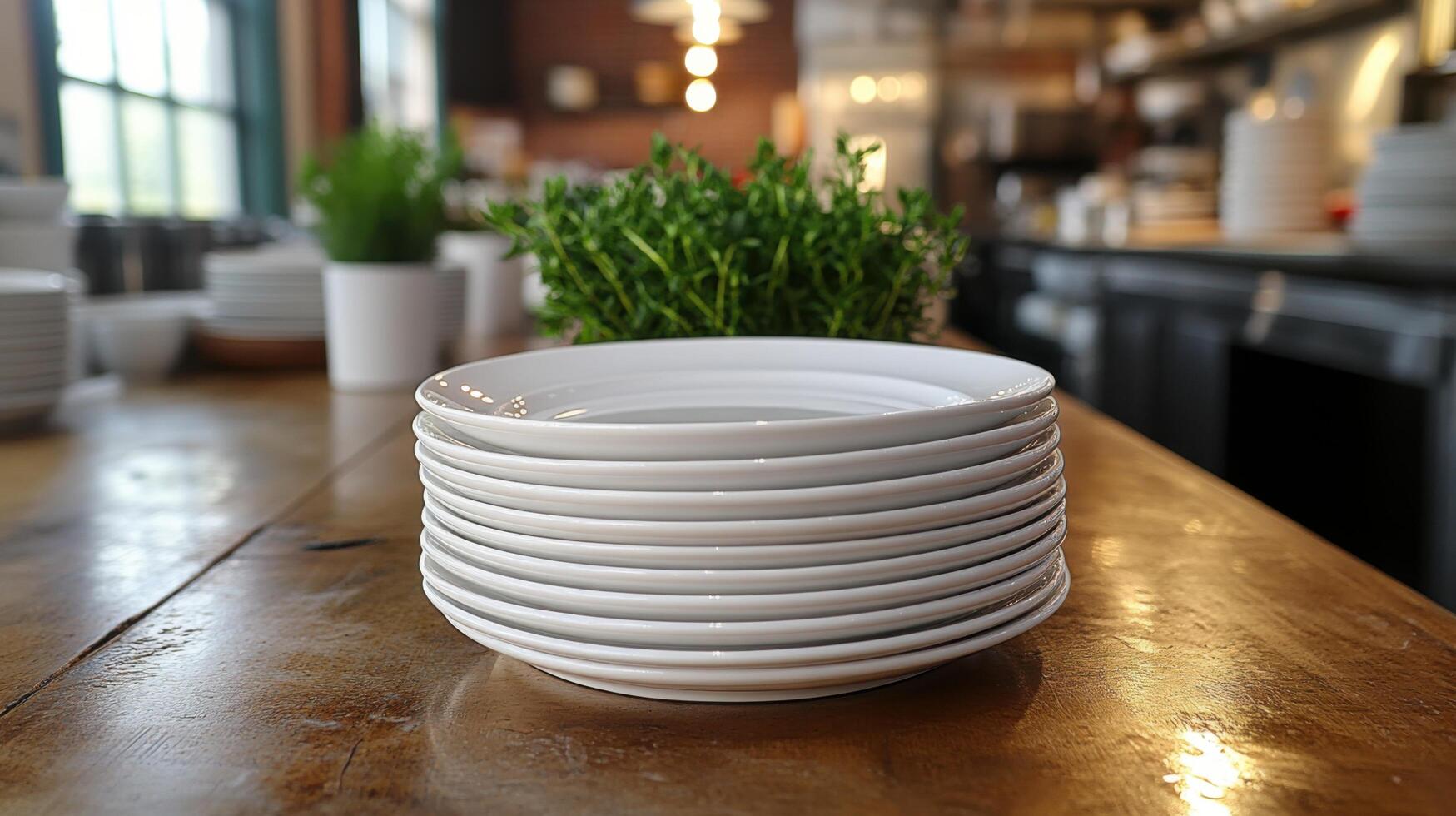 Stack of white plates on a wooden table in a restaurant with green herbs in the background during daytime photo