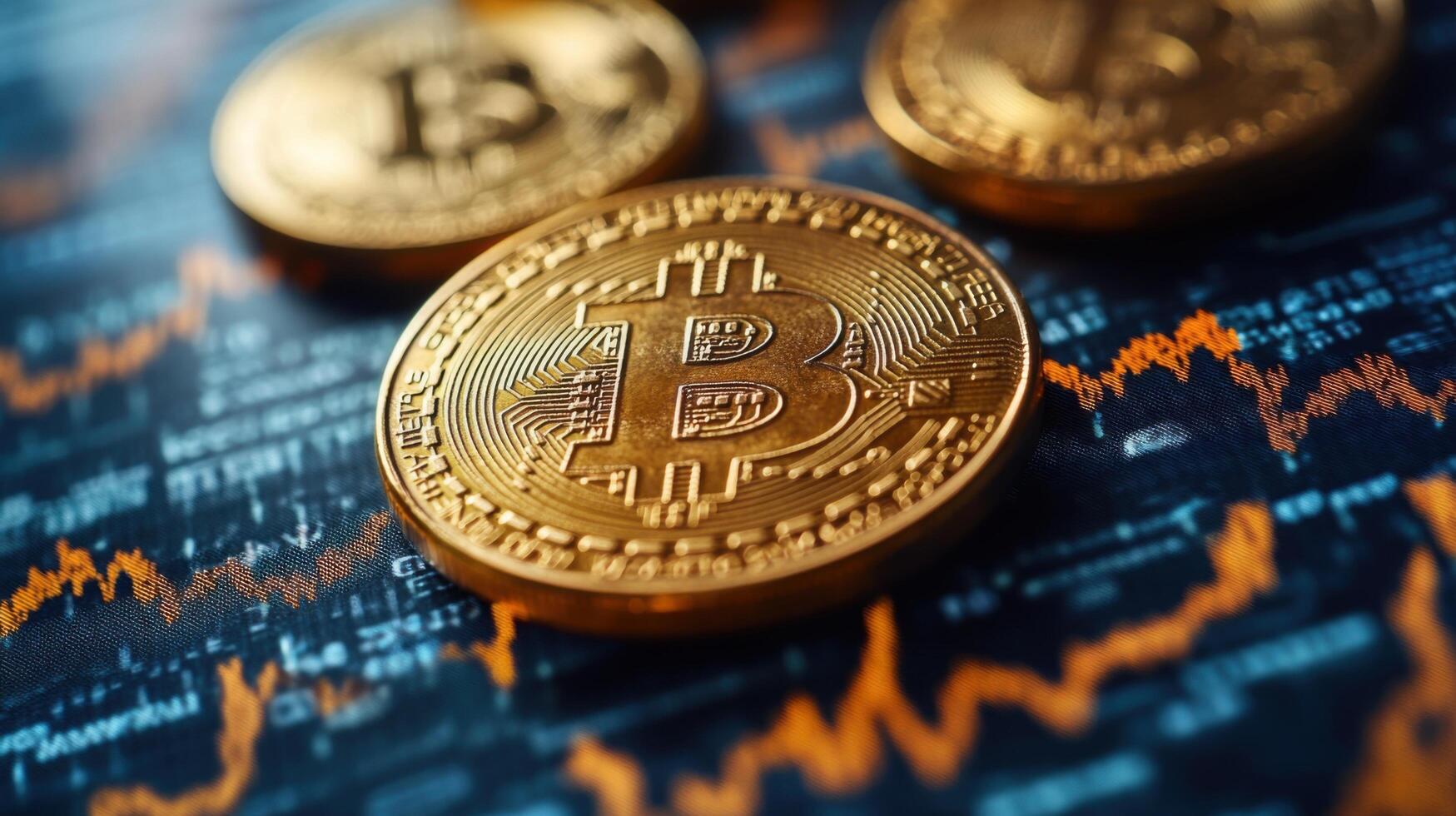 Bitcoin coins on a trading chart background, showcasing digital currency market trends and investment opportunities photo